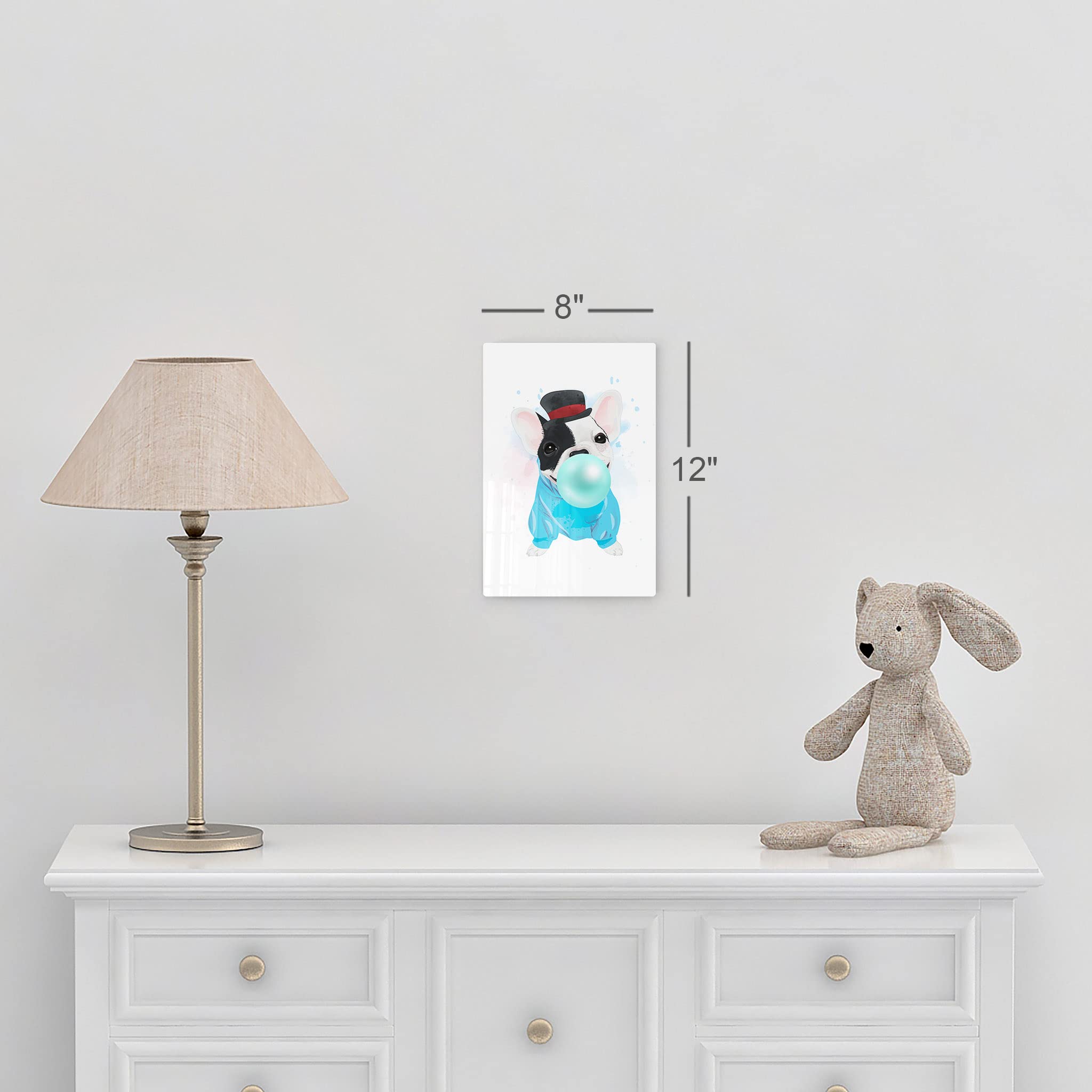 French Bulldog Portrait Sweatshirt & Hat Chewing Teal Blue Bubble Gum - Pet Lover Gift, Metal Wall Art Print for Dog Owners - Animal Themed Living Room, Bedroom, Nursery Decor (12x8) - Perfect for Home Decor, Pet Lover Presents, and Kids Room Wall Art