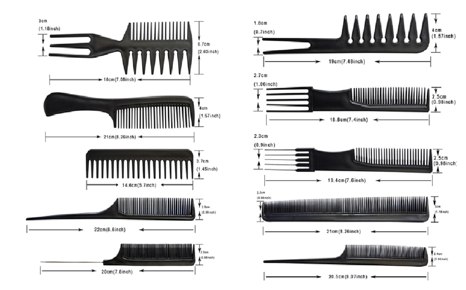 Professional 10-Piece Vinyl Hair Comb Set for Styling & Cutting - Barber & Salon Styling Tools Kit (Black) - Perfect for Hairdressers, Home Use & Salon Styling