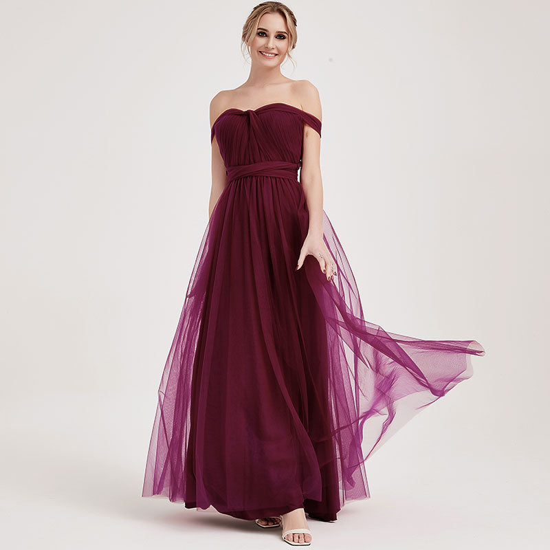 Burgundy Multi-Way Sweetheart Tulle Bridesmaid Dress - Adjustable Straps, Flowy Skirt - Perfect for Weddings, Prom, Formal Events & Special Occasions