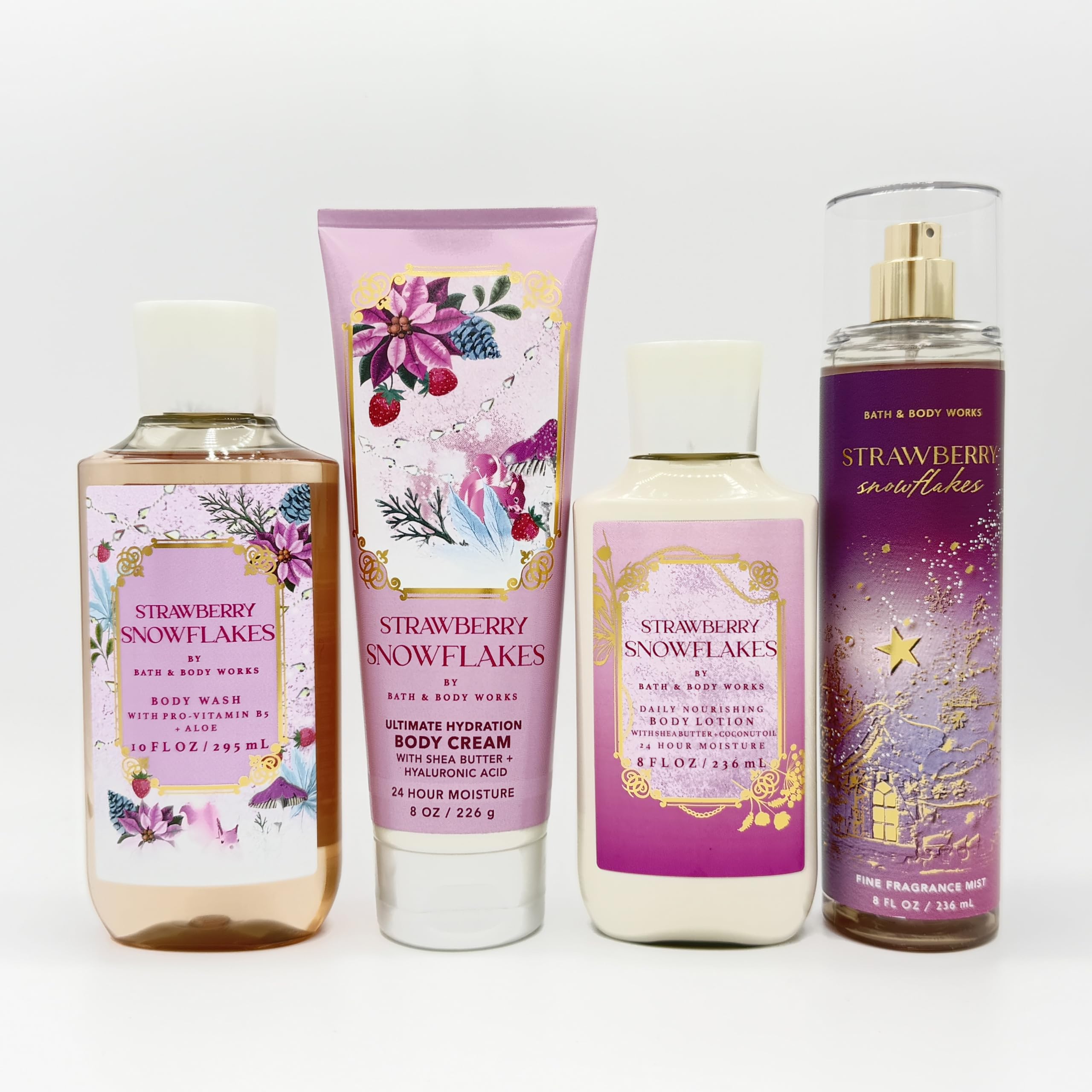 Strawberry Snowflakes 4-Piece Bath & Body Gift Set - Hydrating Body Wash, Ultra Moisturizing Cream, Nourishing Lotion & Fragrance Mist | Perfect for Self-Care, Spa Days & Gift Giving