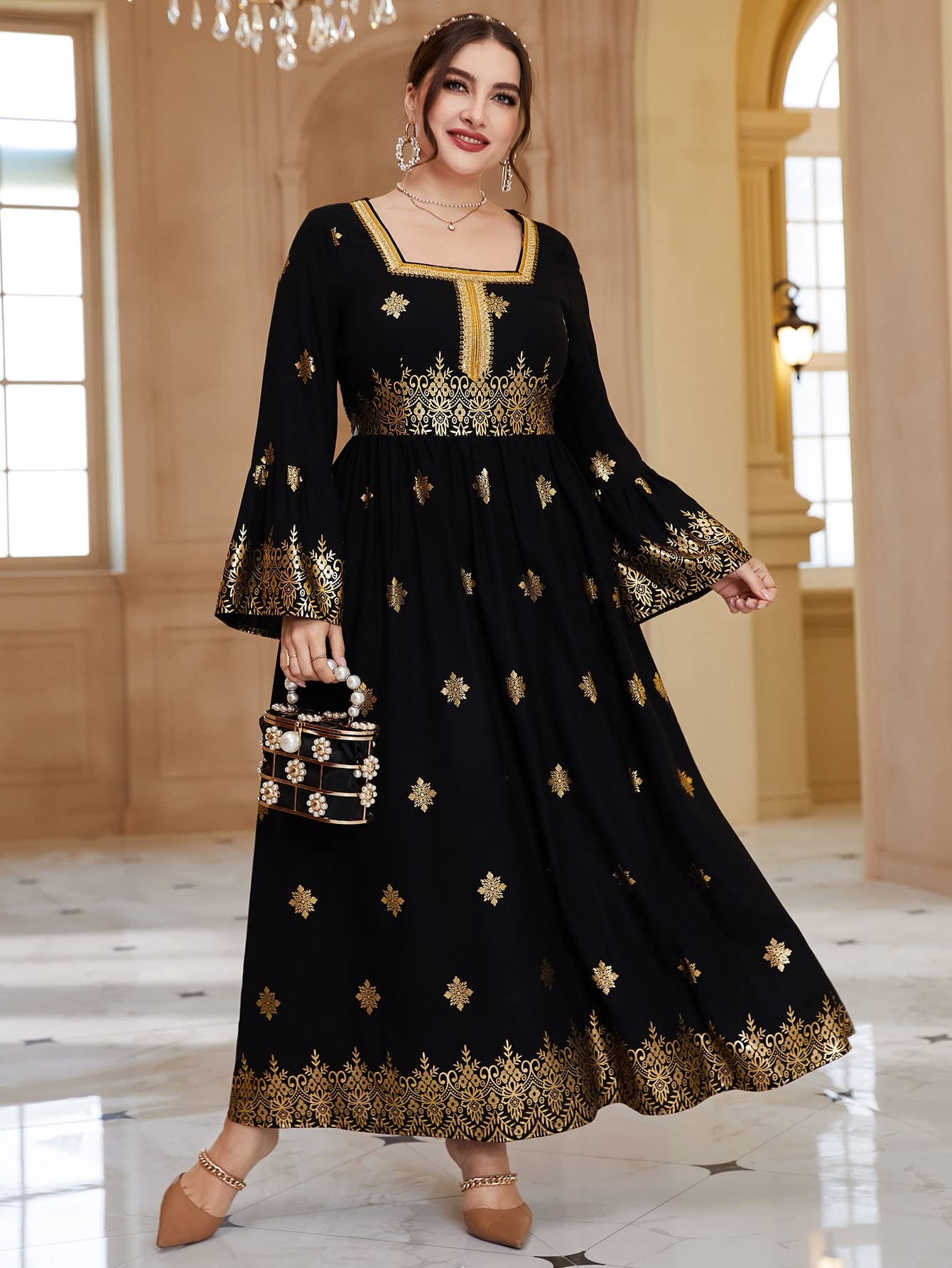 Stylish HGFH Women's Plus Size Black Floral Print Trumpet Sleeve Square Neck Dress - Elegant Party & Evening Wear for Special Occasions
