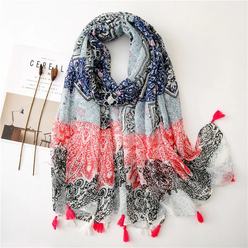 2023 Fashion Paisley Abstract Floral Tassel Viscose Shawl Scarf - Women's Lightweight Pashmina Wrap Stole & Muslim Hijab (180x90cm) - Perfect for Daily Wear, Office, Parties & Prayer