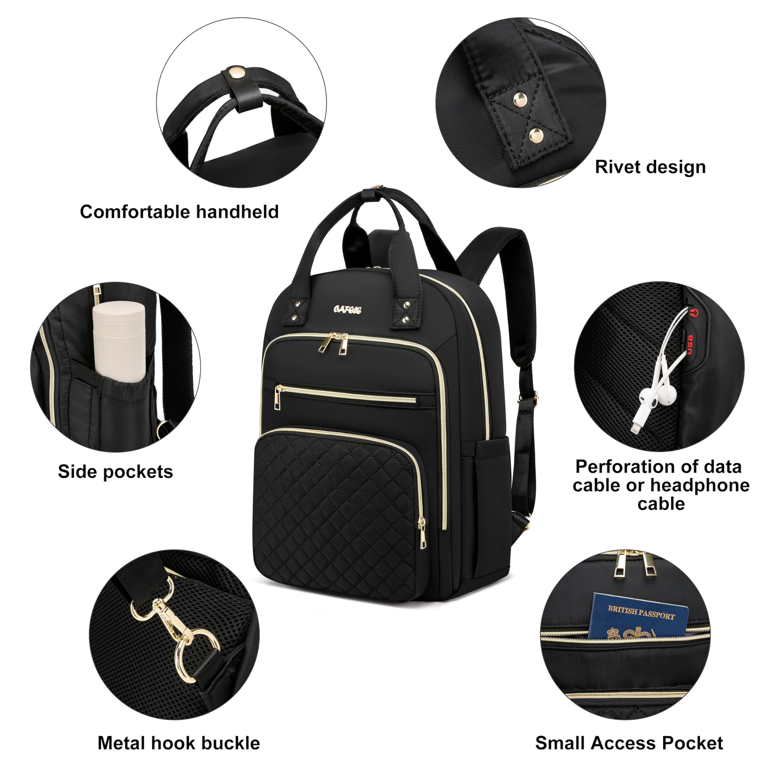 CAFELE Women's Convertible Backpack with USB Charging Port - 17.3 Inch Anti-Theft Laptop Backpack for College, Work & Travel | Stylish Shoulder Purse & Business Bag (Quilted Black) - Perfect for Commuting, Office, School, Campus Life & Daily Use | Great for Professionals, Students & Teachers | Ideal for Business Meetings, Coffee Shops, Air Travel & Urban Lifestyle