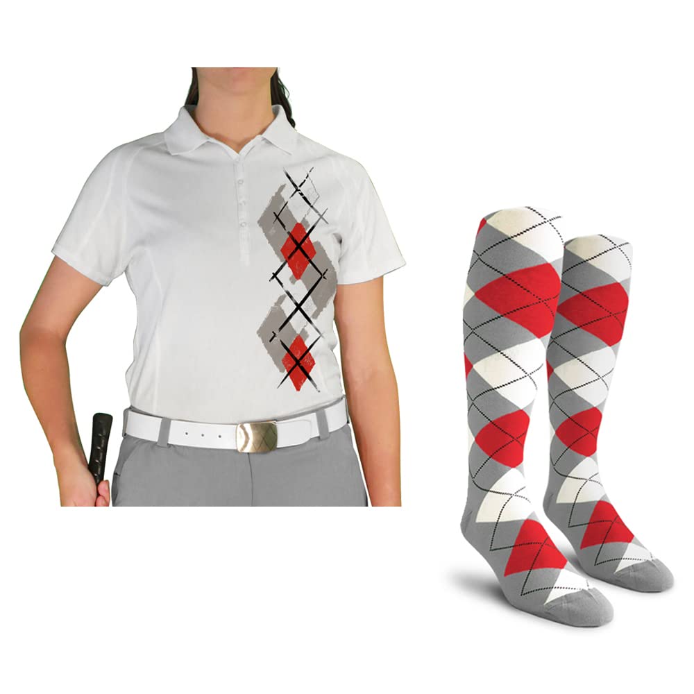 Dry Fit Short Sleeve Graphic Golf Polo Shirt with Socks for Women - Argyle Paradise (5A-5Z) | Moisture Wicking Performance Top & Comfy Socks Set | Perfect for Golf, Tennis & Casual Wear