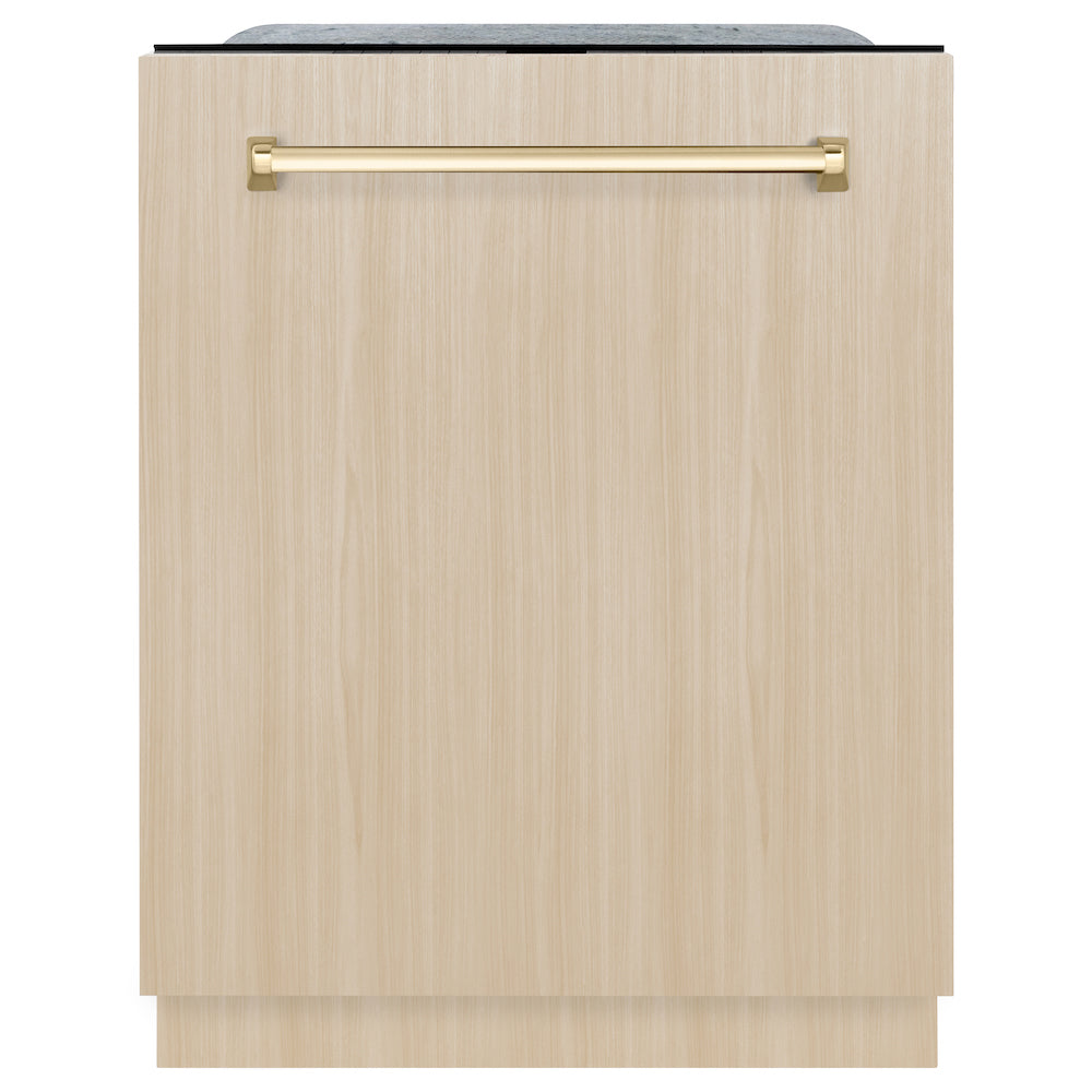 ZLINE Autograph Edition 24 Inch Monument Series 3rd Rack Tall Tub Dishwasher - Custom Panel Ready with Polished Gold Handle, Ultra Quiet 45dBa (DWMTZ 24 G) - Perfect for Modern Kitchens and Open Concept Homes