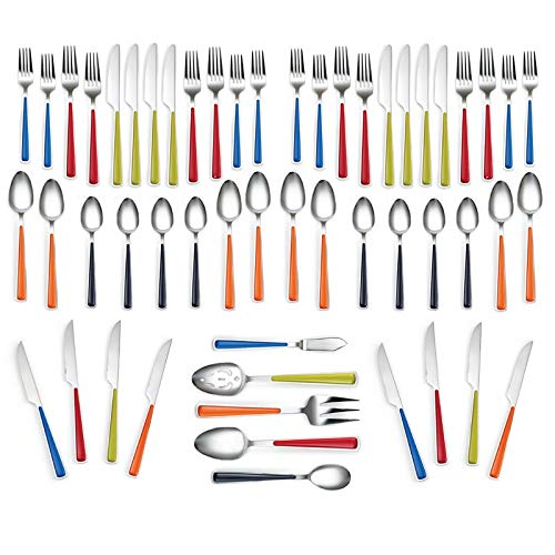 53-Piece Colorful Flatware Set for 8 - Includes Hostess Serving Pieces & Steak Knives (Blue, Red, Green, Black, Orange) - 5-Piece Place Setting with Dinner Fork, Salad Fork, Dinner Knife, Spoon & Teaspoon - Perfect for Dinner Parties, Family Gatherings & Restaurant Use