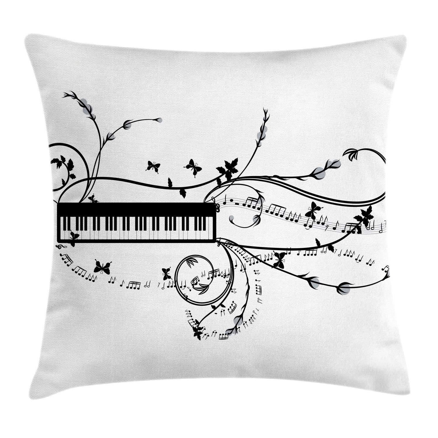 Ambesonne Music Themed Throw Pillow Cover 24x24 Inch - Keyboard & Melody Symbol Design on White & Charcoal Grey - Decorative Square Cushion Case for Living Room, Bedroom, Studio Decor