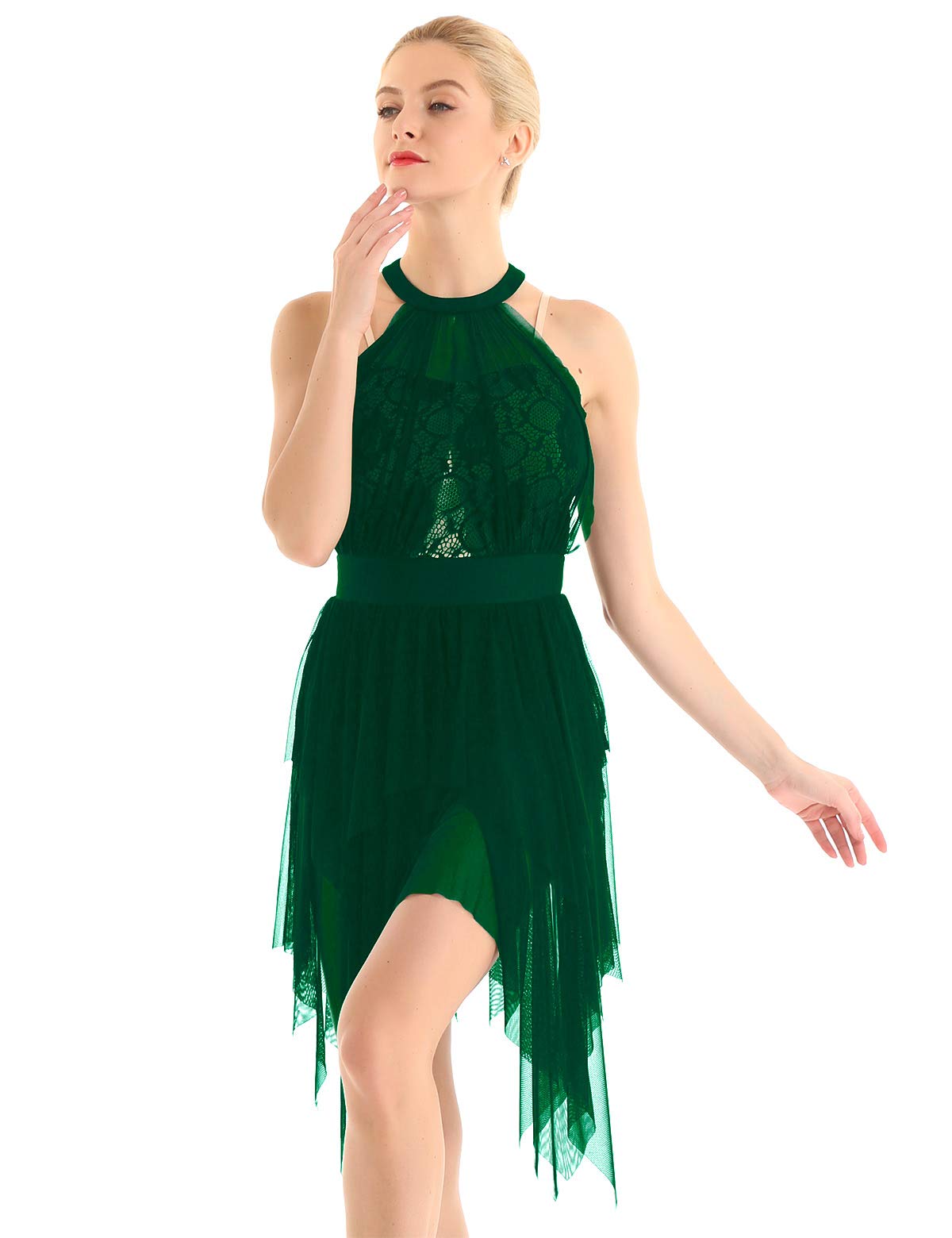 Elegant Women's Lyrical Dance Asymmetric Dress - Halter Neck Mesh Sheer Figure Skating Costume with Flowy Skirt | Perfect for Ballet, Ice Skating & Stage Performances