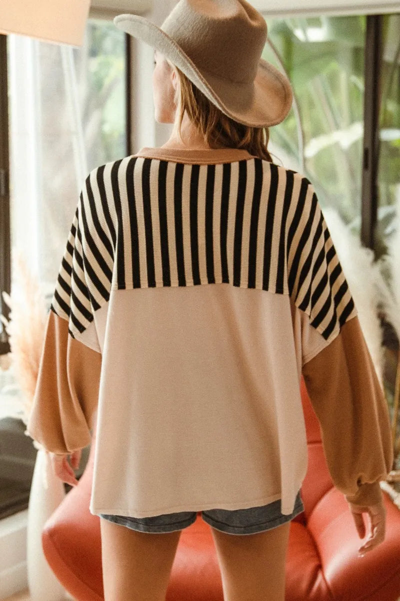 BiBi Star Patchwork Mixed Long Sleeve Top for Women - Stylish Boho Chic Blouse for Casual Wear, Date Night & Office Outfits