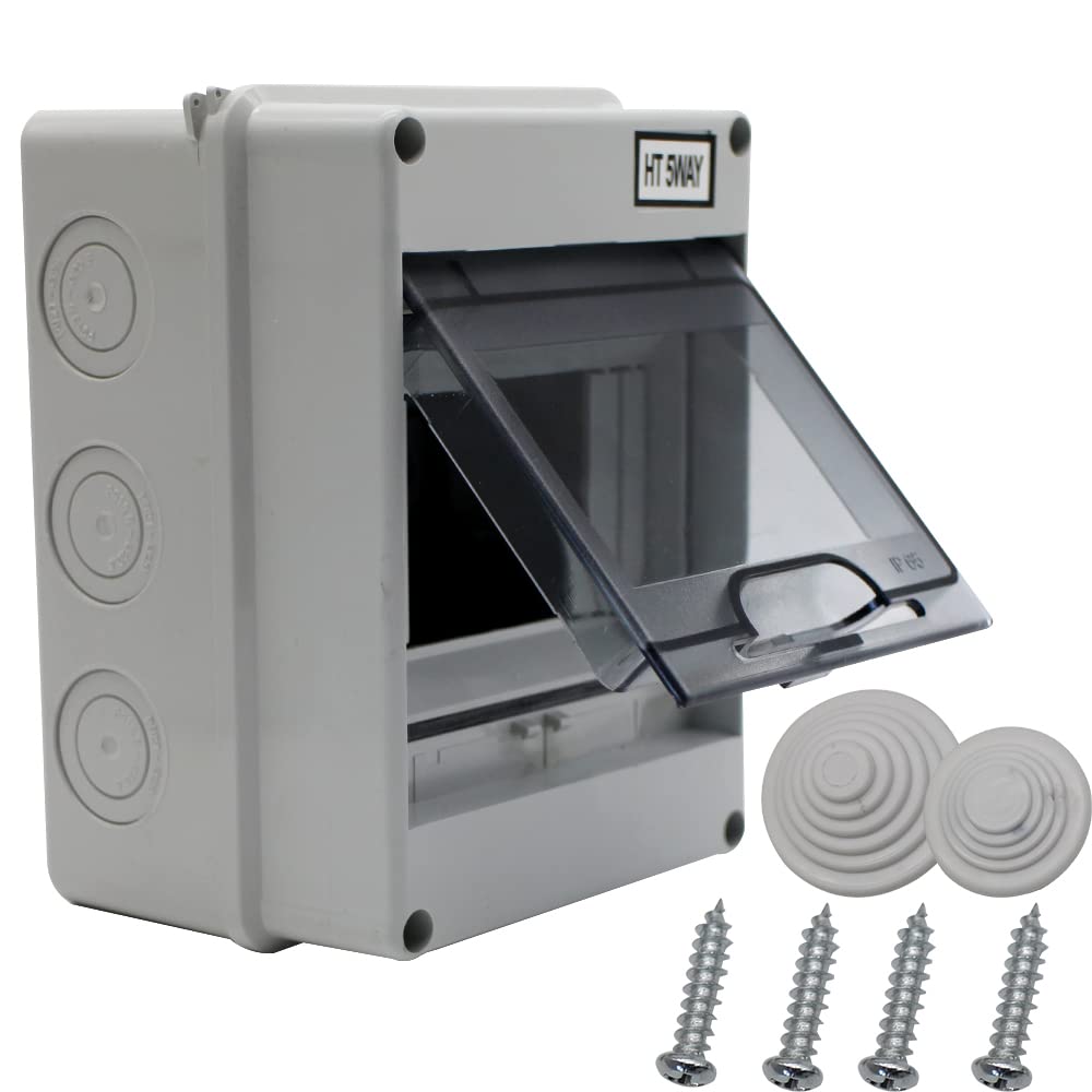 5-Way Outdoor Waterproof Circuit Breaker Distribution Box with Transparent Cover - Wall Mount Electrical Panel for Home, Garage & Workshop Use