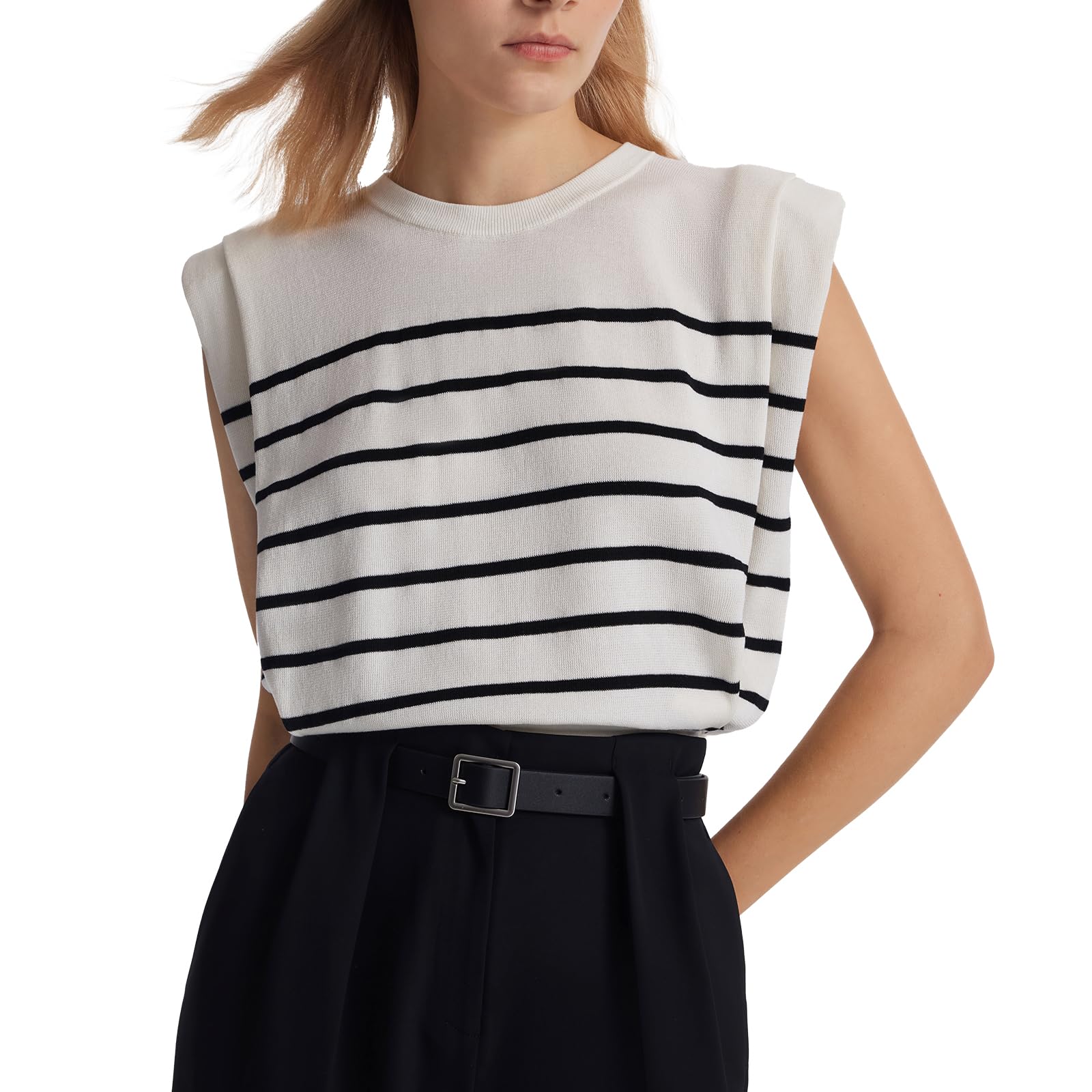 Women's Summer Knit Striped T-Shirt - Business Casual Cap Sleeve Loose Crewneck Blouse for Office, Travel & Weekend Wear