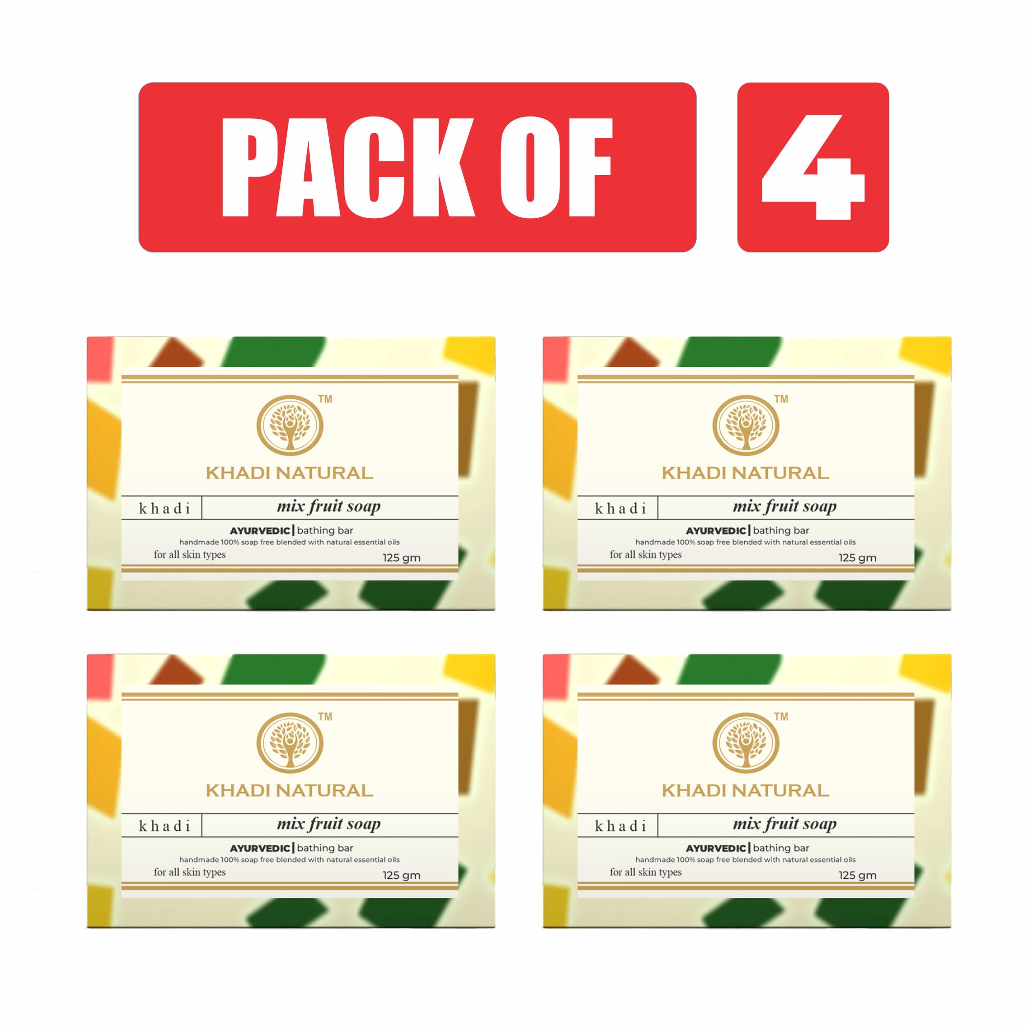 Khadi Natural Mix Fruit Soap 125g (Pack of 4) - Organic, Handmade, Vegan Skincare for Dry & Sensitive Skin - Perfect for Daily Face & Body Cleansing