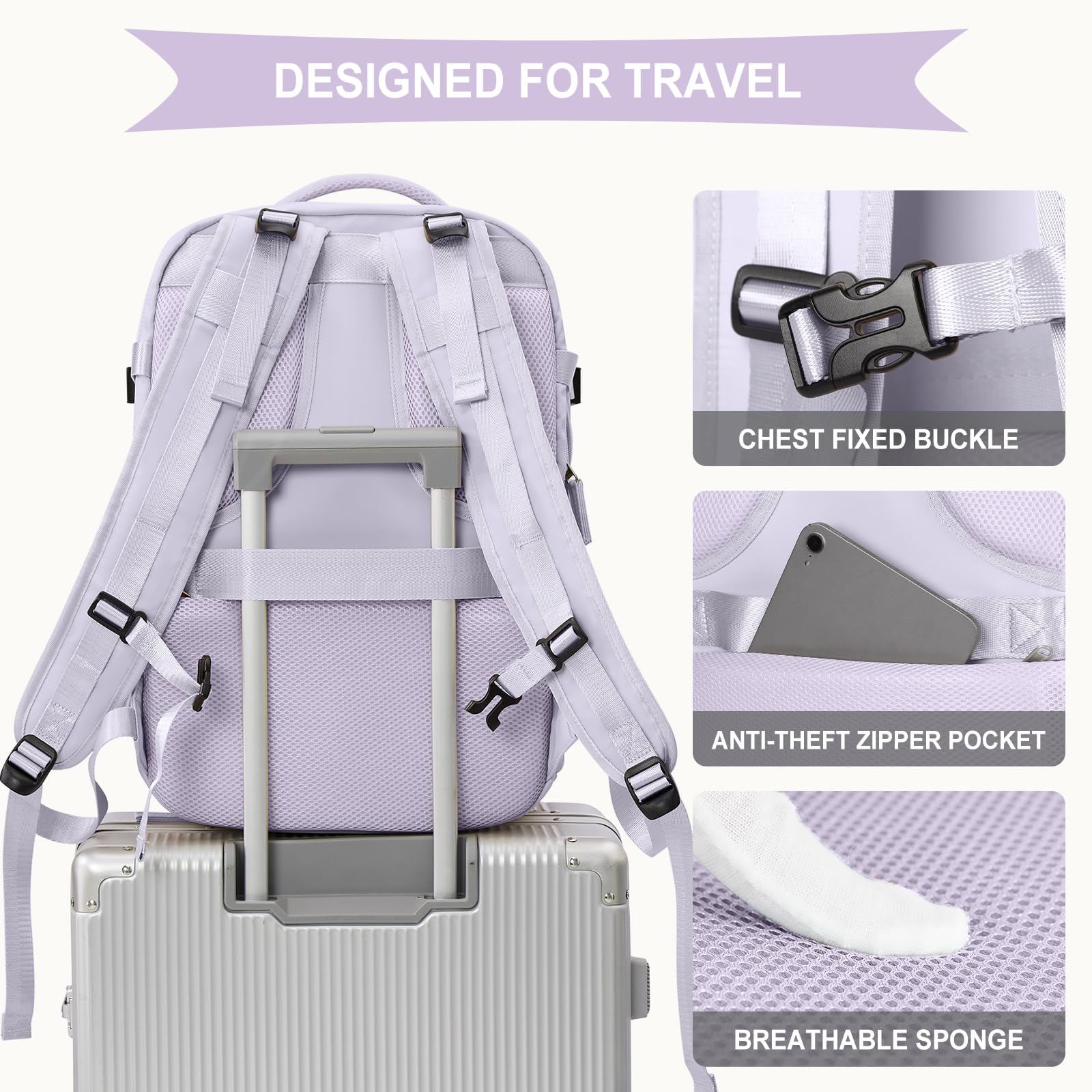 Coowoz Large Travel Backpack for Women & Men - Waterproof Expandable Carry On Backpack for Hiking, Outdoor Sports, Casual Daypack & Heavy Duty Use | Extra Large Rucksack in Purple | Perfect for Air Travel, Camping & Daily Commute