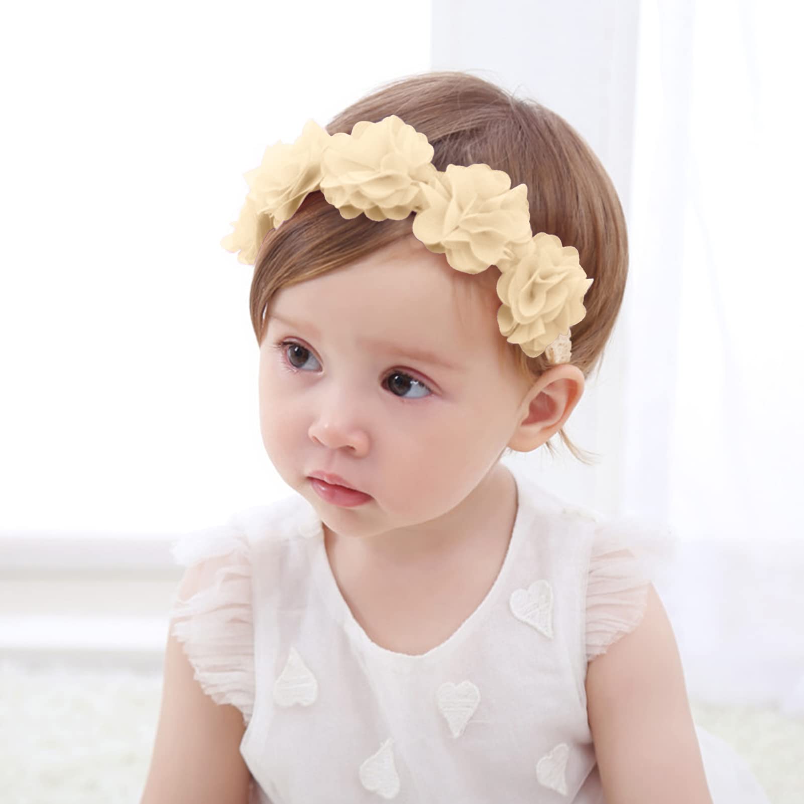 Fmeida Soft Stretchy Flower Headbands for Baby Girls - Elastic Floral Hair Accessories for Newborns, Infants & Toddlers (Champagne) | Perfect for Photos, Parties & Everyday Wear