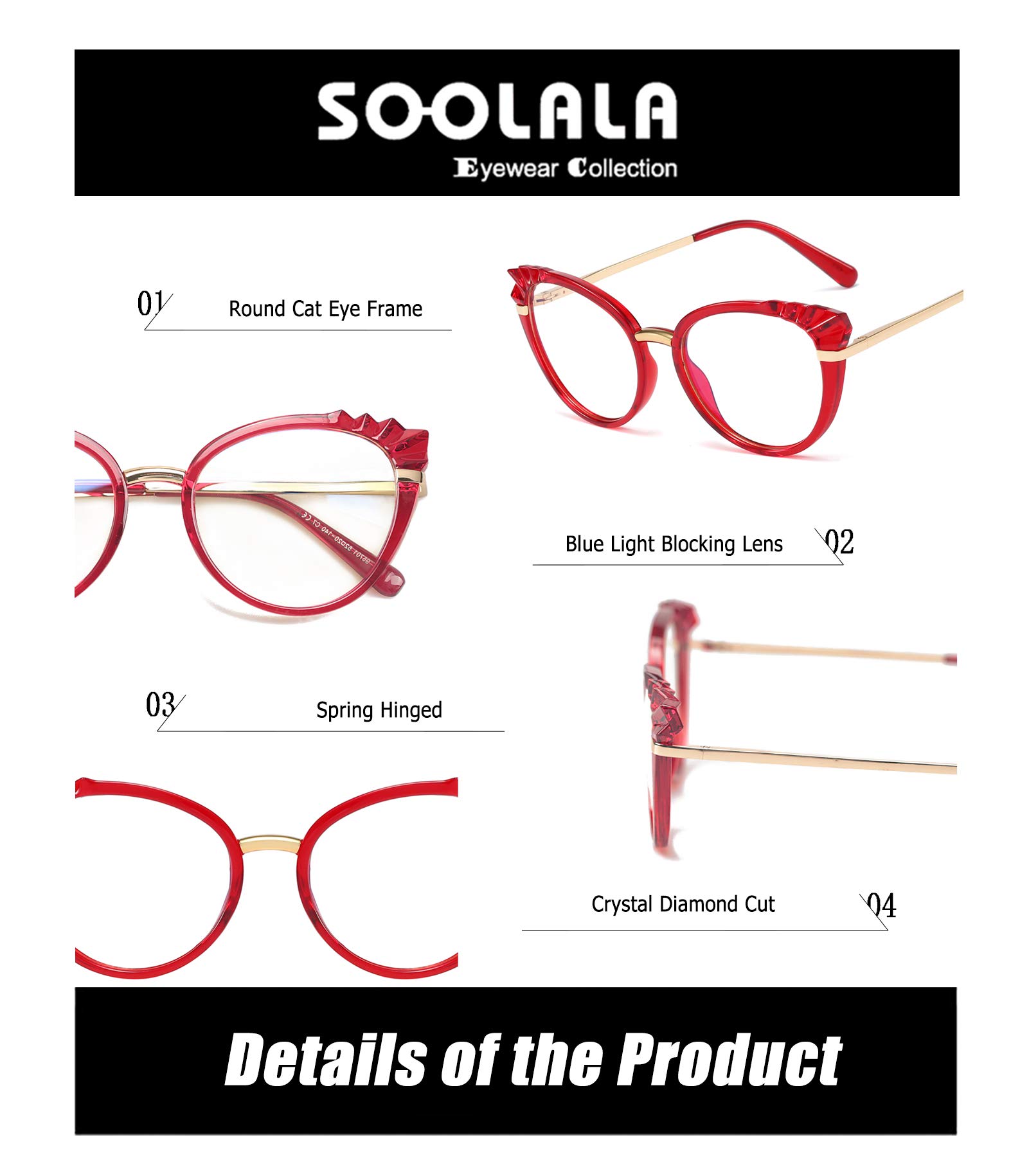 SOOLALA Women's Diamond Cut Edge Spring Hinged Cat Eye Reading Glasses with Anti-Blue Light Lenses - Stylish & Comfortable for Reading, Computer Work, and Office Use