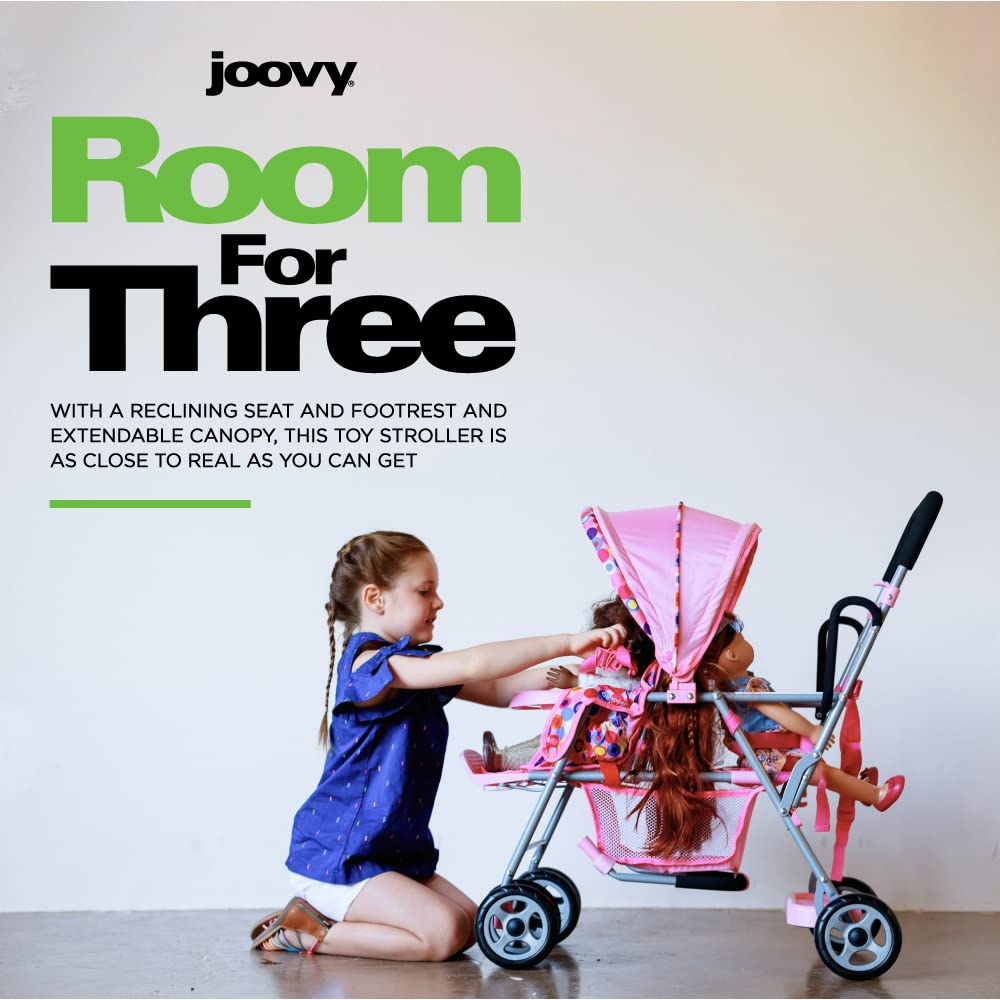 Joovy Toy Caboose Baby Doll Stroller with Reclining Seat, Adjustable Footrest & Storage - 3 Doll Capacity | Pink Dot Stroller for Kids Pretend Play, Role Play & Indoor/Outdoor Toddler Activities
