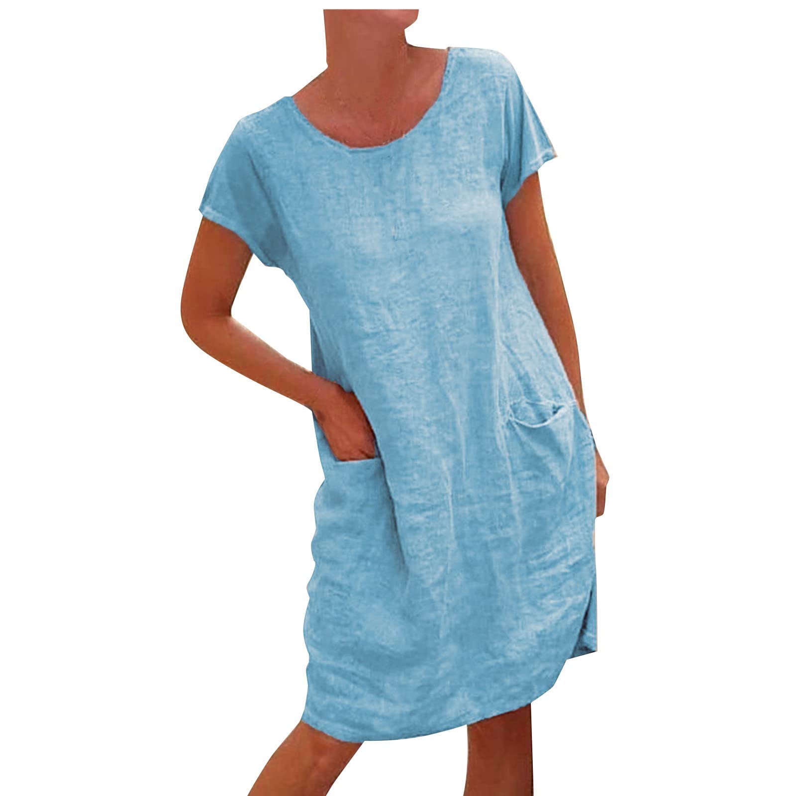 Women's Linen Summer Dress - Short Sleeve Casual Loose T-Shirt Dress with Pockets | Knee Length Vacation & House Dress for Beach, Brunch, and Everyday Wear