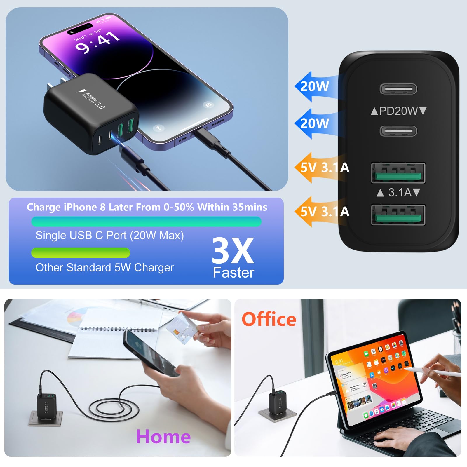 40W USB C Fast Charger Block 2-Pack with 6FT USB C to C Cable - 4-Port Wall Charger for iPhone 16/15/14/13 Pro Max, iPad, iWatch, Samsung Galaxy - Perfect for Home, Office & Travel Charging Multiple Devices Simultaneously