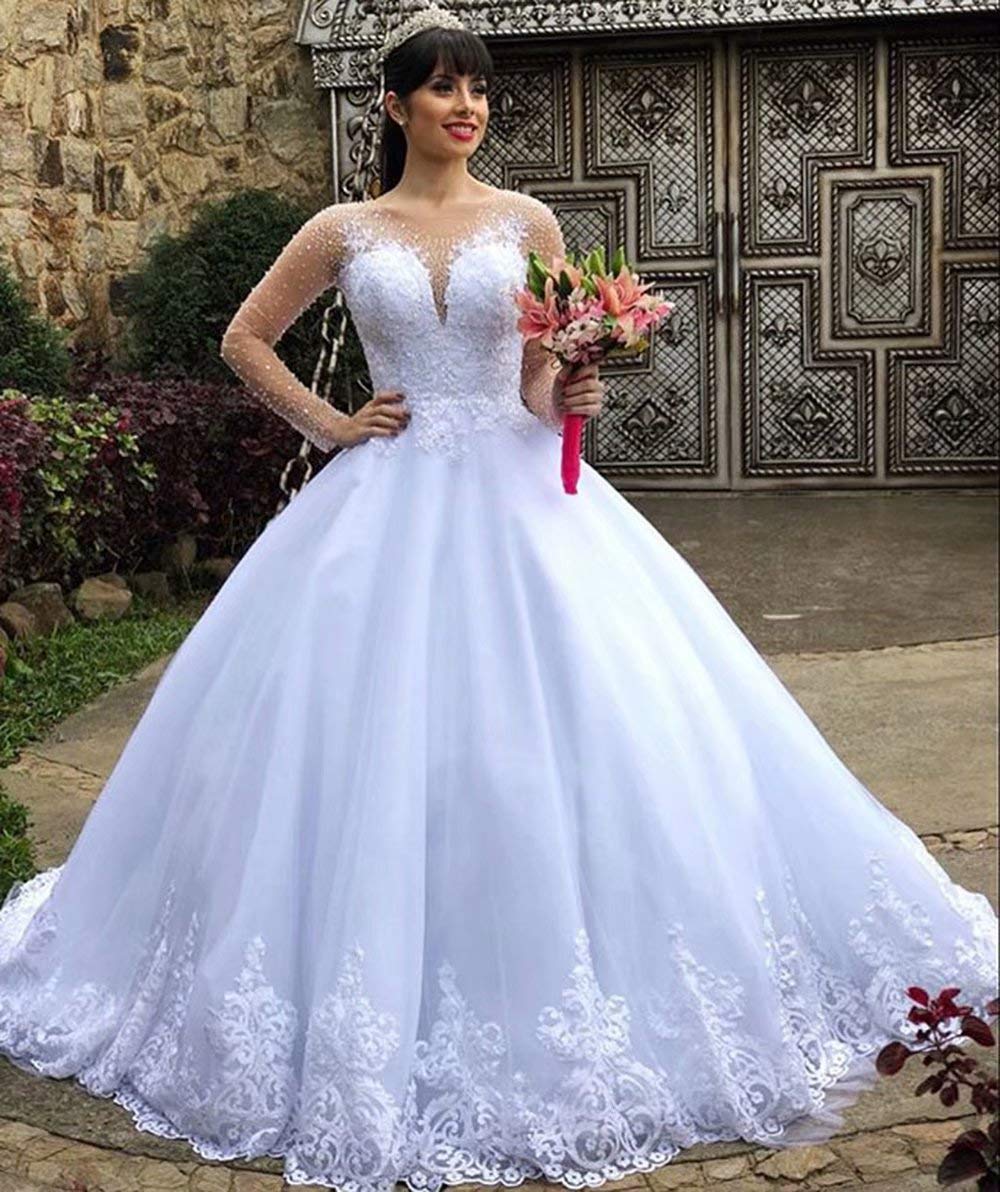 Elegant Crystal Beaded Wedding Dress for Bride - Long Sleeve Lace Ball Gown with Tulle Skirt | Perfect for Church Ceremony, Formal Reception & Bridal Photography