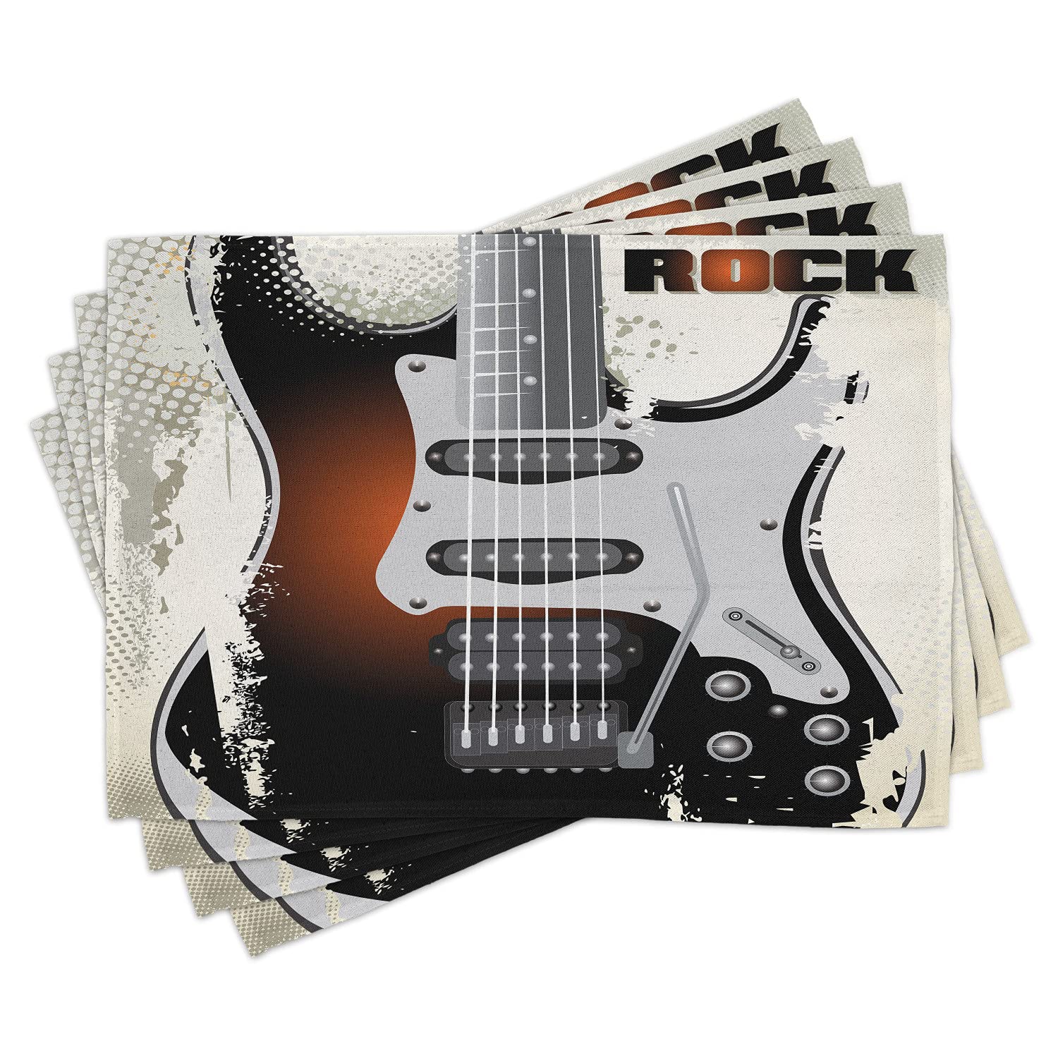 Ambesonne Rock Music Place Mats Set of 4 - Vintage Guitar Design with Strings & Grunge Halftone Background - Washable Fabric Table Mats for Dining Room & Kitchen Decor - Multicolor - Perfect for Rock-Themed Parties, Music Lovers & Retro Home Decor