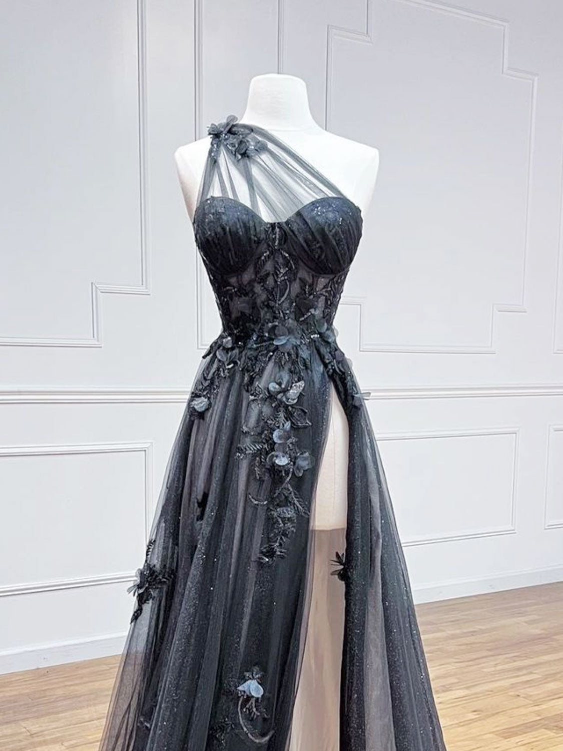 Elegant A-Line One Shoulder Black Tulle Long Prom Dress for Evening Gala, Formal Party & Special Occasions