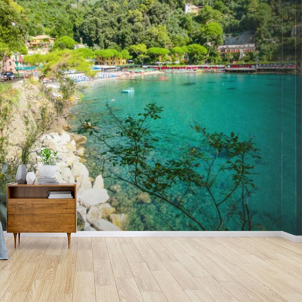 Self-Adhesive Peel & Stick Wallpaper - Beach at Paraggi Near Portofino, Genoa with Blue Sky & Sea | Wall Mural, Wall Decal, Wall Poster | Home Decor Sticker for Living Room, Bedroom, Office | Easy DIY Wall Covering for Coastal & Nautical Theme Rooms