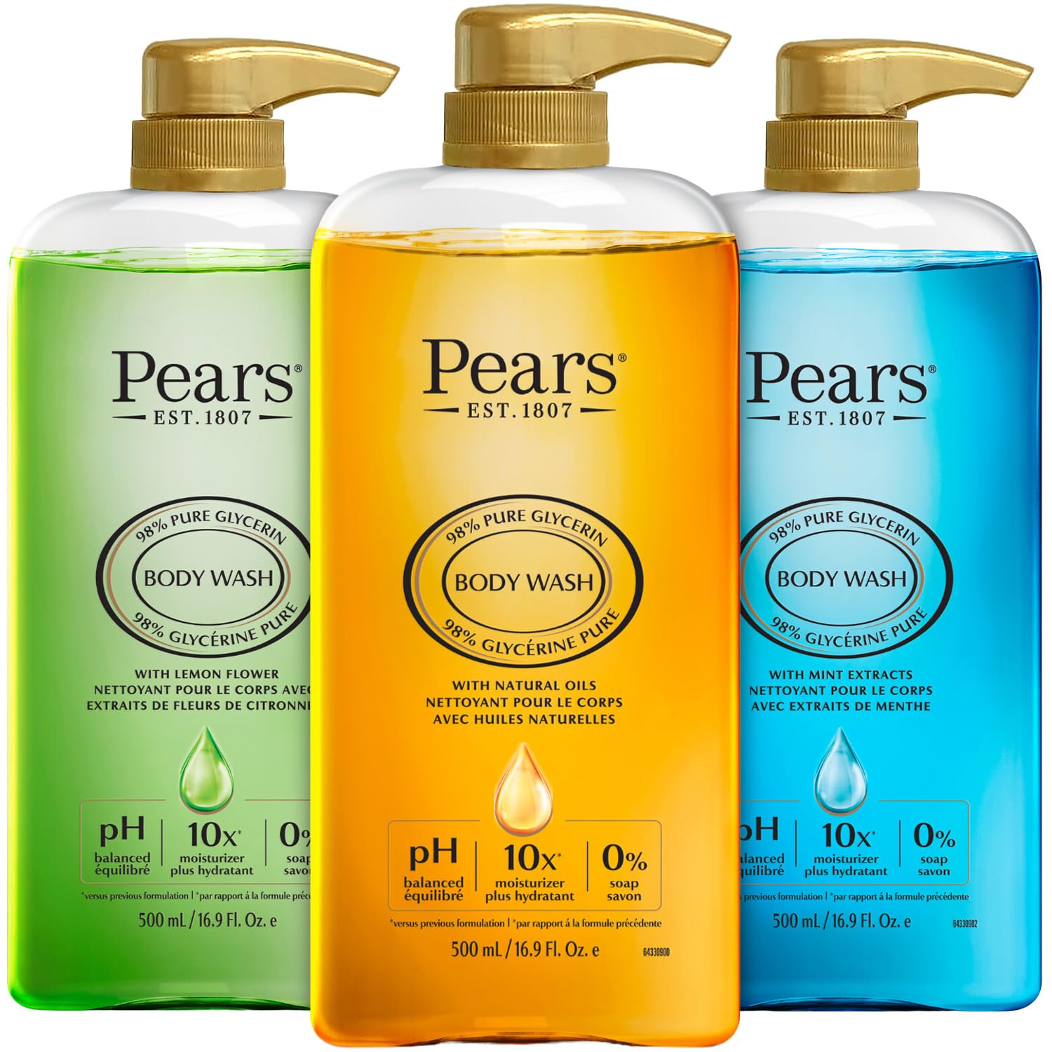 PEARS Body Wash Variety 3-Pack - Pure & Gentle 100% Soap-Free Glycerin Cleanser for Glowing Skin, 16.9 Fl Oz Each | Moisturizing Shower Gel for Dry, Sensitive Skin | Perfect for Daily Use, Spa Days & Gift Sets