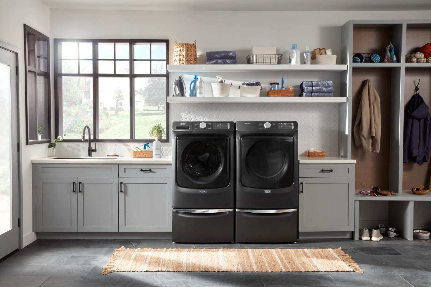 Maytag MHW5630MBK 5.2 cu ft Front Load Washer & MGD5630MBK 7.3 cu ft Gas Dryer Set in Volcano Black - Large Capacity Laundry Pair for Family Homes & Apartments