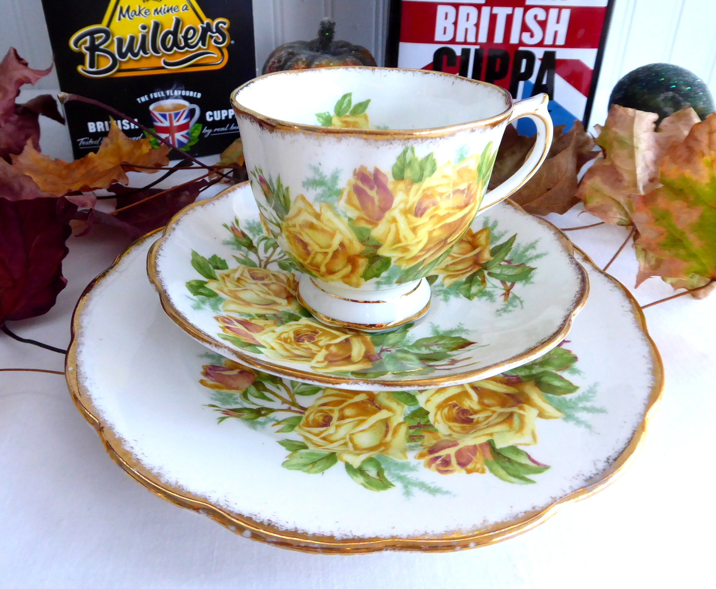 Vintage Royal Albert Tea Rose Trio Set - Yellow Roses English Bone China Teacups (1940s) | Elegant Afternoon Tea, Bridal Shower, Collectible Display