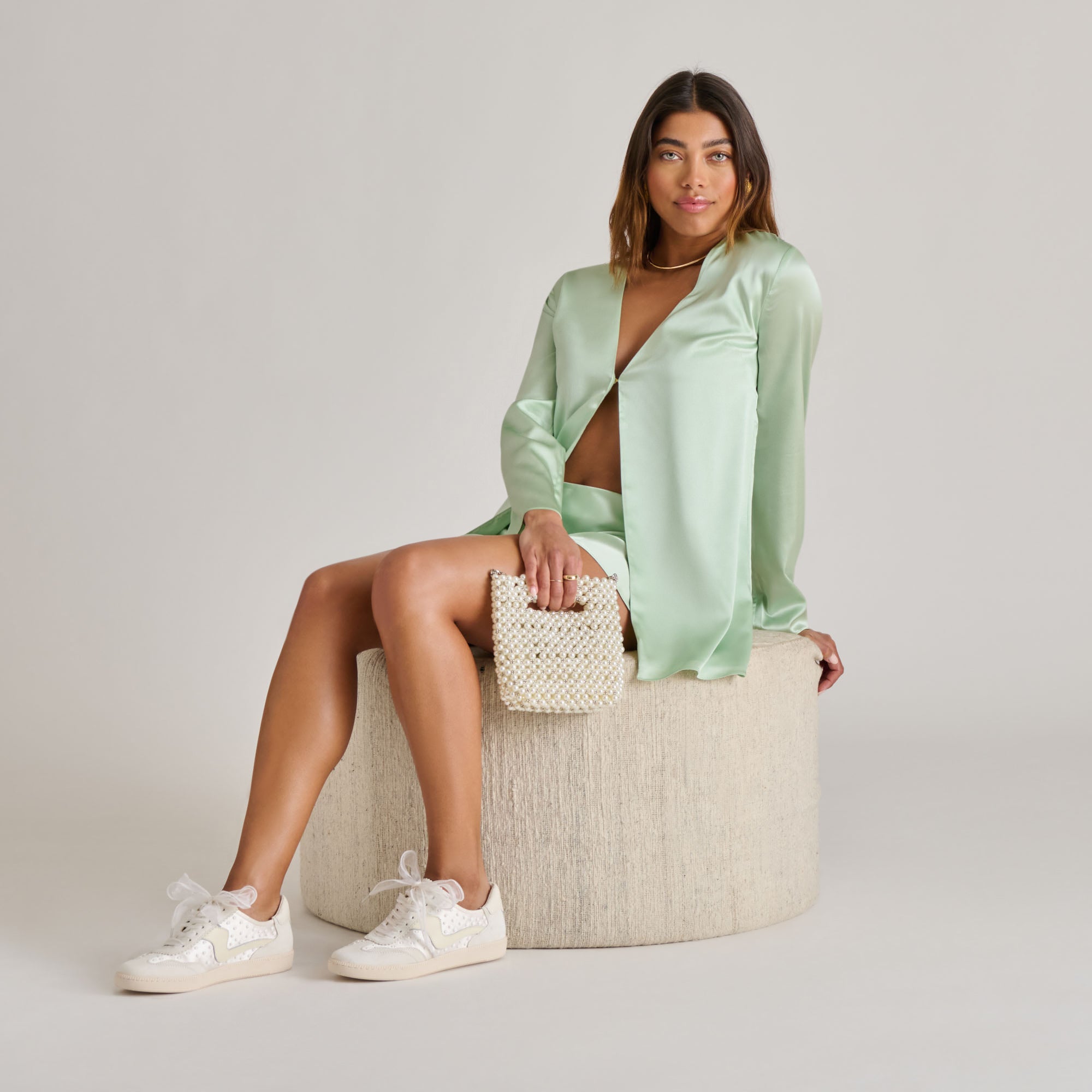 Off-White Satin Pearl Sneakers - Women's Fashion Running Shoes for Casual Wear & Street Style