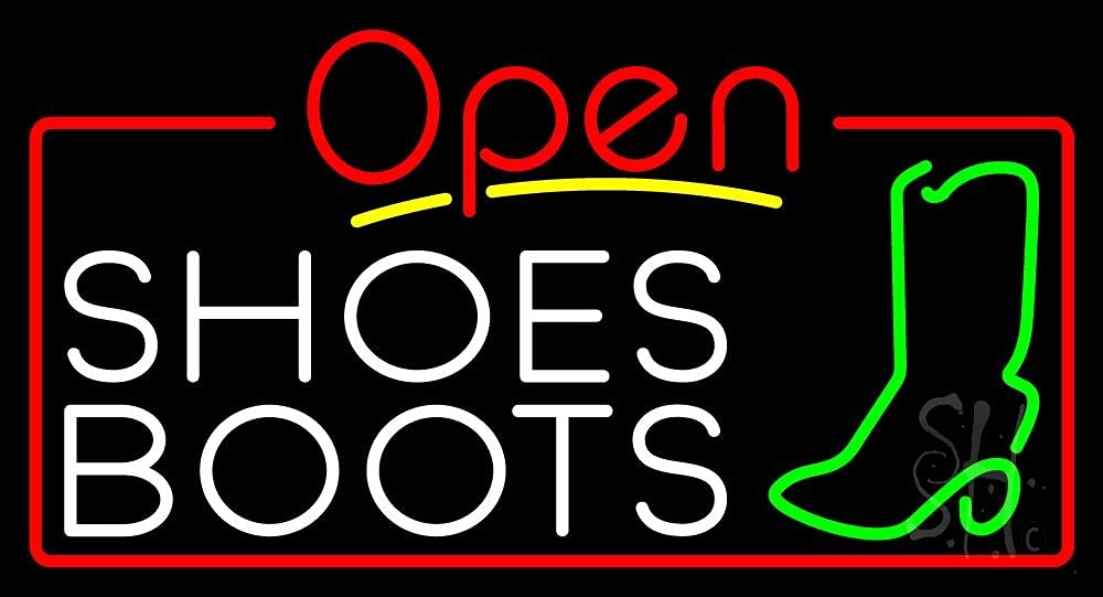 White Shoes Boots Open LED Neon Sign 13x24 Inches - Black Square Cut Acrylic Backing with Dimmer - Bright Premium Indoor LED Neon Light for Store Decor & Shop Front - Perfect for Retail Stores, Boutiques, and Shoe Shops