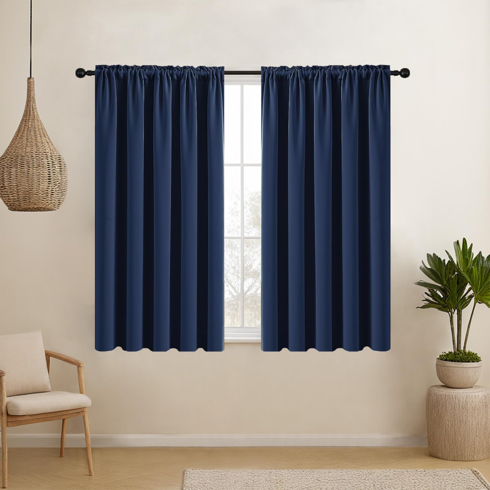 Blackout Curtains for Bedroom & Living Room - Thermal Insulated Solid Drapes with Rod Pocket, 52x45 Inch Navy Blue Set of 2 Panels - Perfect for Small Rooms, Home Theater & Light Sleepers