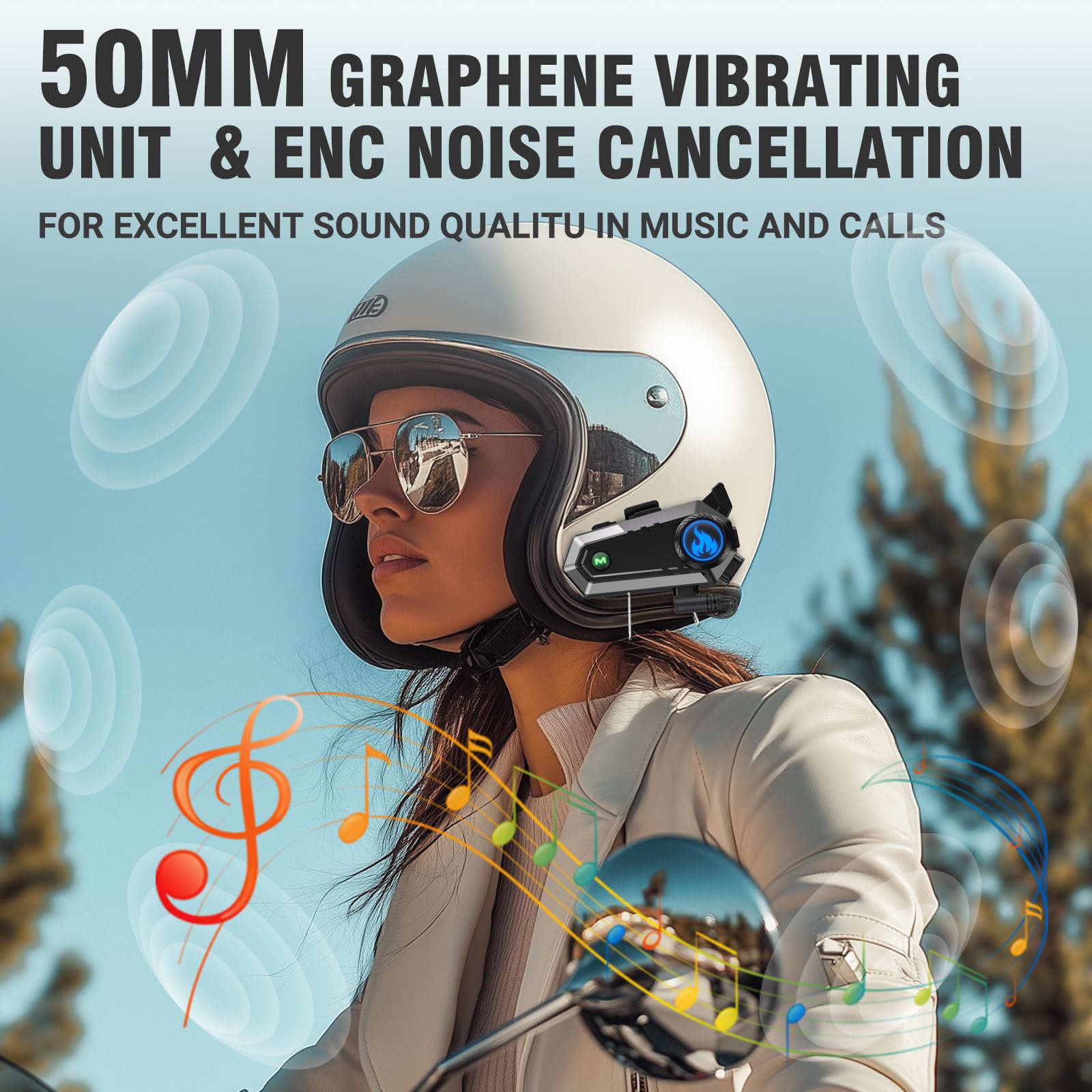 Motorcycle Helmet Bluetooth Headset C9 - Dual Mic, Intercom, Hands-Free Calls, Music, Waterproof, Noise Cancellation, Siri Wake-Up, Helmet Speakers - Perfect for Commuting, Touring & Group Rides