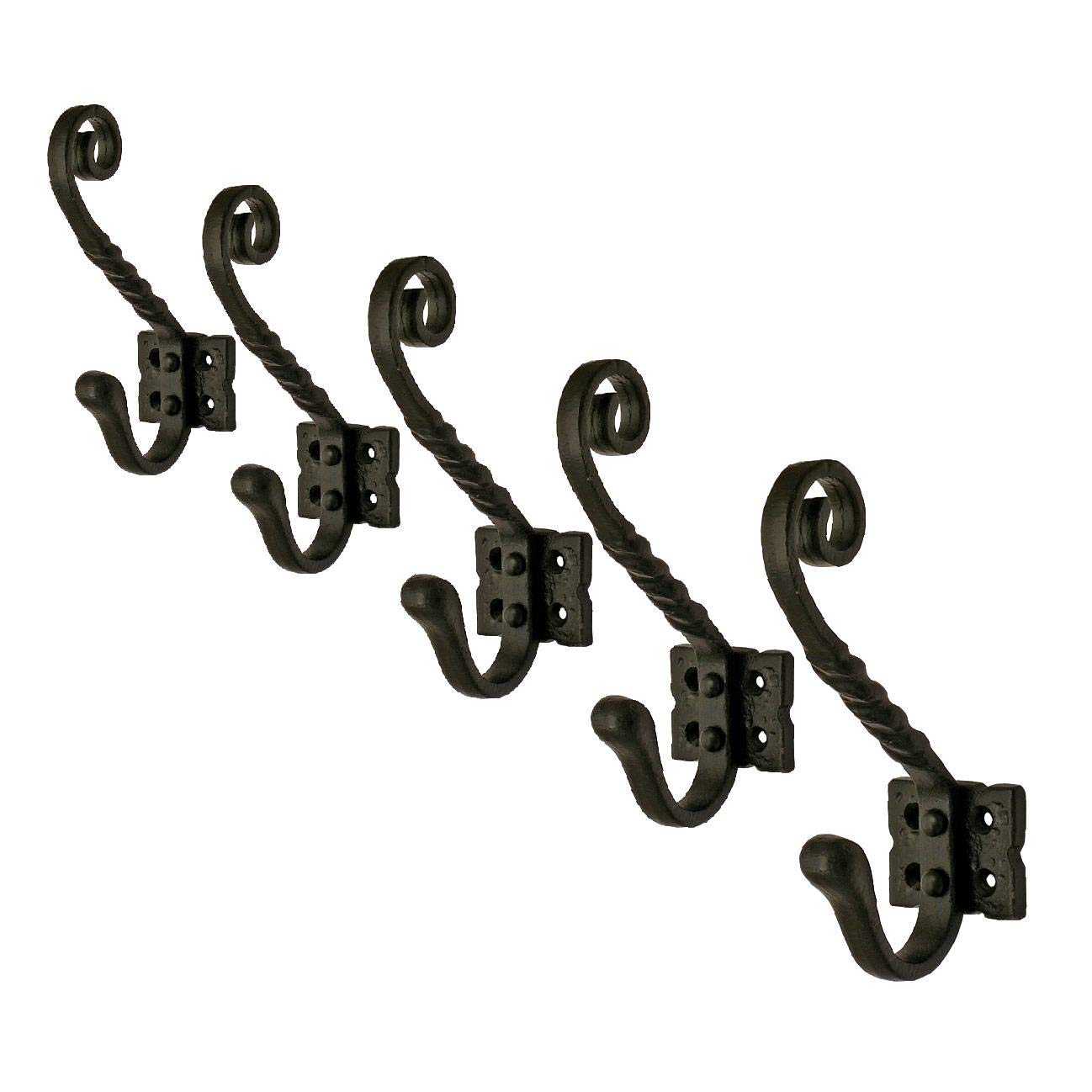 5 Pack Black Cast Iron Tudor Hat and Coat Hooks - Vintage Twisted Robe Hangers for Hallway, Entryway, or Bedroom Decor