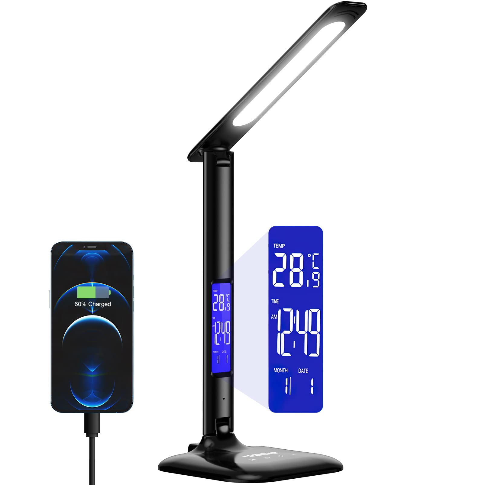 LEDGLE Adjustable Brightness LED Desk Lamp with USB Charging Port - 5-Level Touch Control, Foldable & Eye-Caring Office Light with Clock - Perfect for Home Office, Study & Reading Workspaces