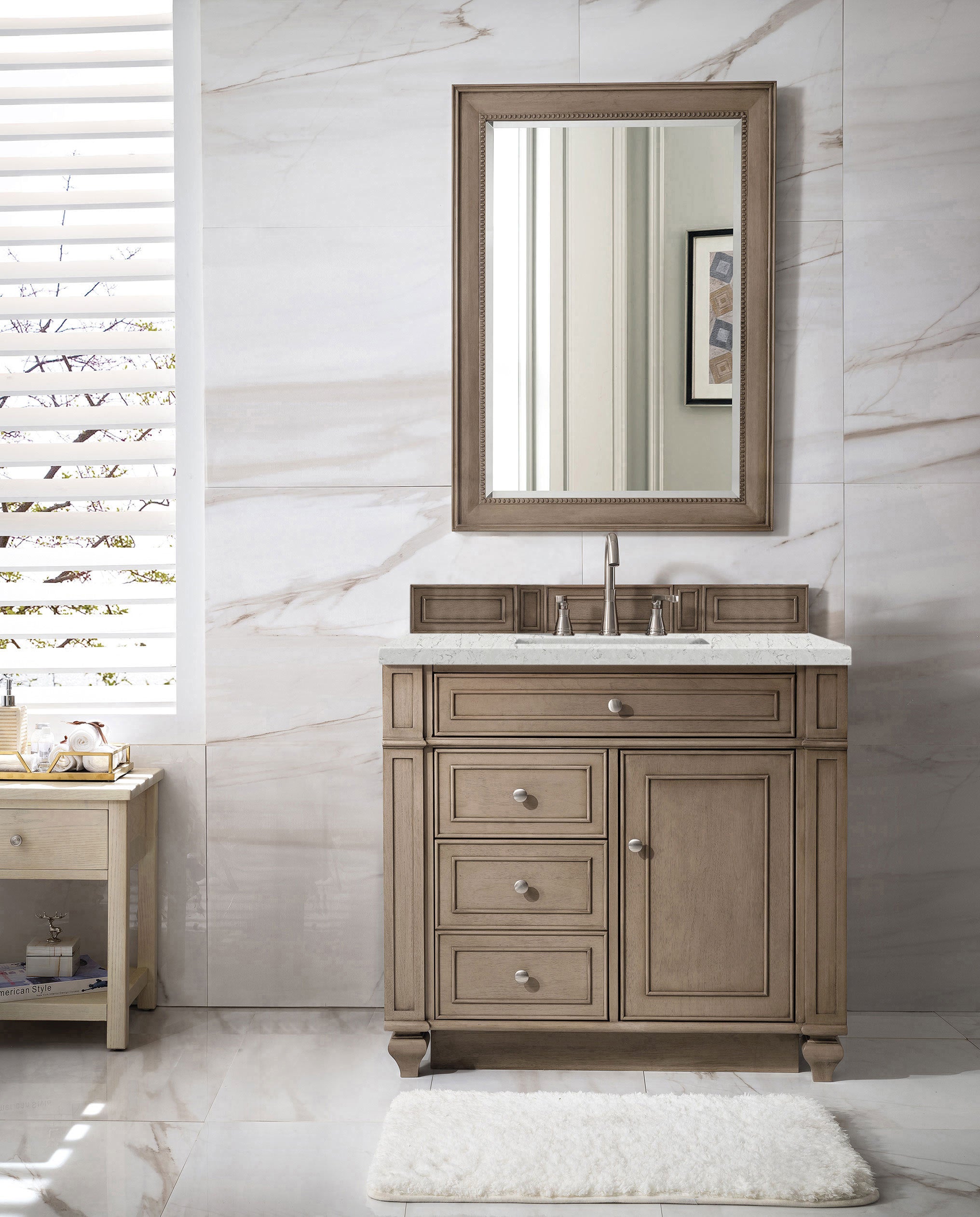 Bristol 36 Inch Single Bathroom Vanity Set with Whitewashed Walnut Finish & 3CM Eternal Jasmine Pearl Quartz Countertop - Perfect for Modern Farmhouse, Coastal, or Transitional Style Bathrooms