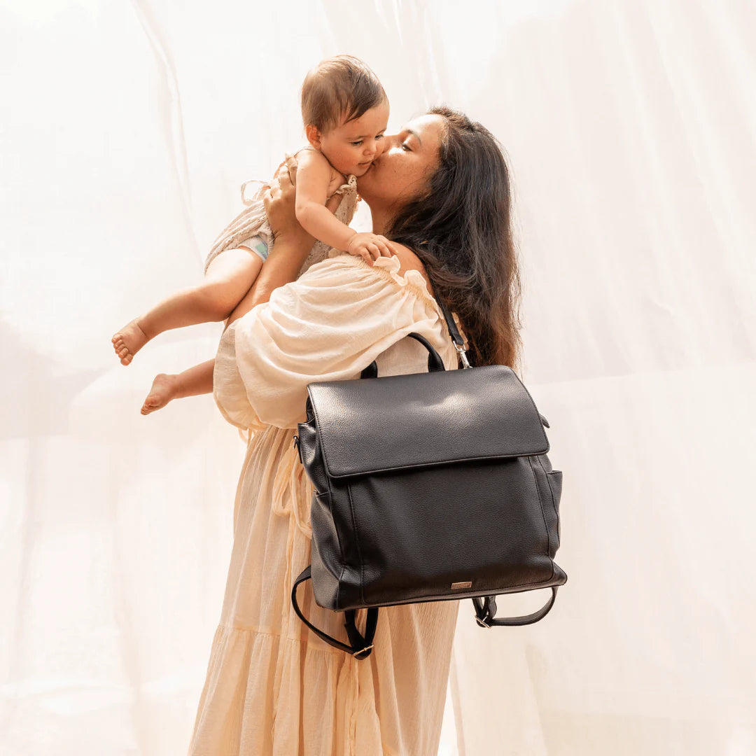 Vanchi Vegan Leather Emmy Backpack Diaper Bag - Stylish & Spacious Black Baby Bag for Moms - Perfect for Travel, Shopping & Daily Use