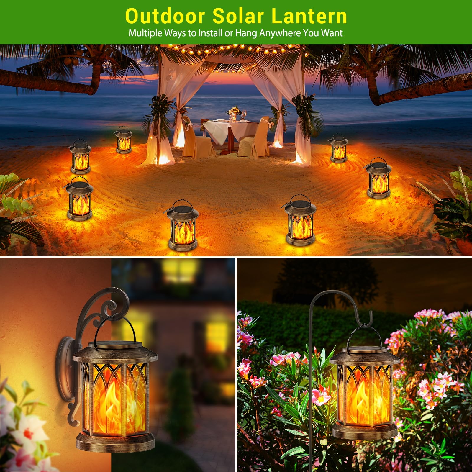 KOOPER 2 Pack Solar Hanging Lanterns with Flickering Flame Effect - Waterproof Outdoor Solar Lights for Yard, Garden, Patio Decor - Auto On/Off Bronze Solar Lanterns - Perfect for Backyard, Pathway, and Porch Lighting