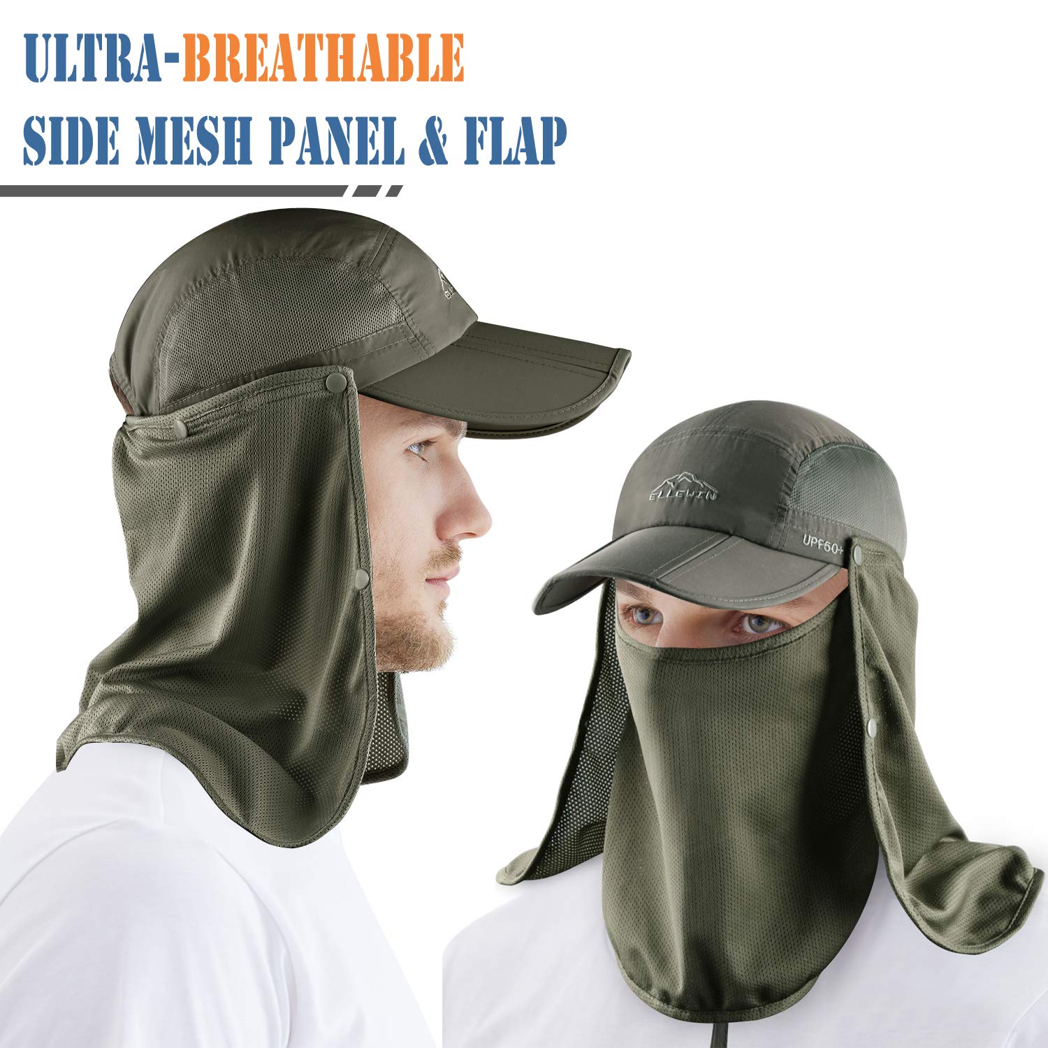 ELLEWIN UPF 50+ Sun Hat for Men & Women - Wide Brim UV Protection Fishing Hat with Neck Flap & Face Cover - Perfect for Outdoor Activities, Beach, Hiking, and Gardening