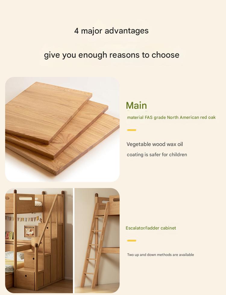 Solid Oak Wood Loft Bed with Storage Cabinet - Space-Saving Furniture for Small Rooms, Kids Bedroom & Dormitory