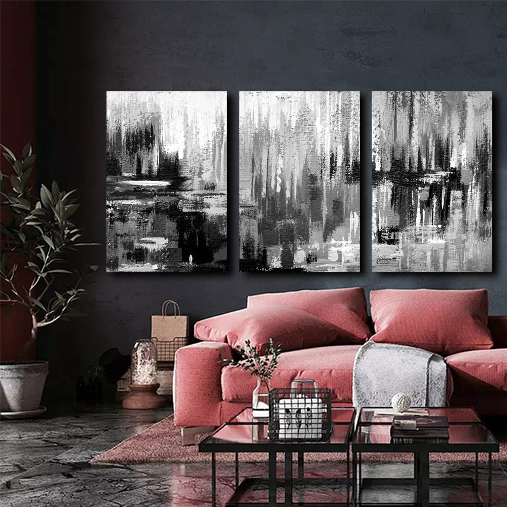 Abstract Black and White 3-Panel Canvas Wall Art - Modern Framed Paintings for Bedroom & Living Room Decor (24