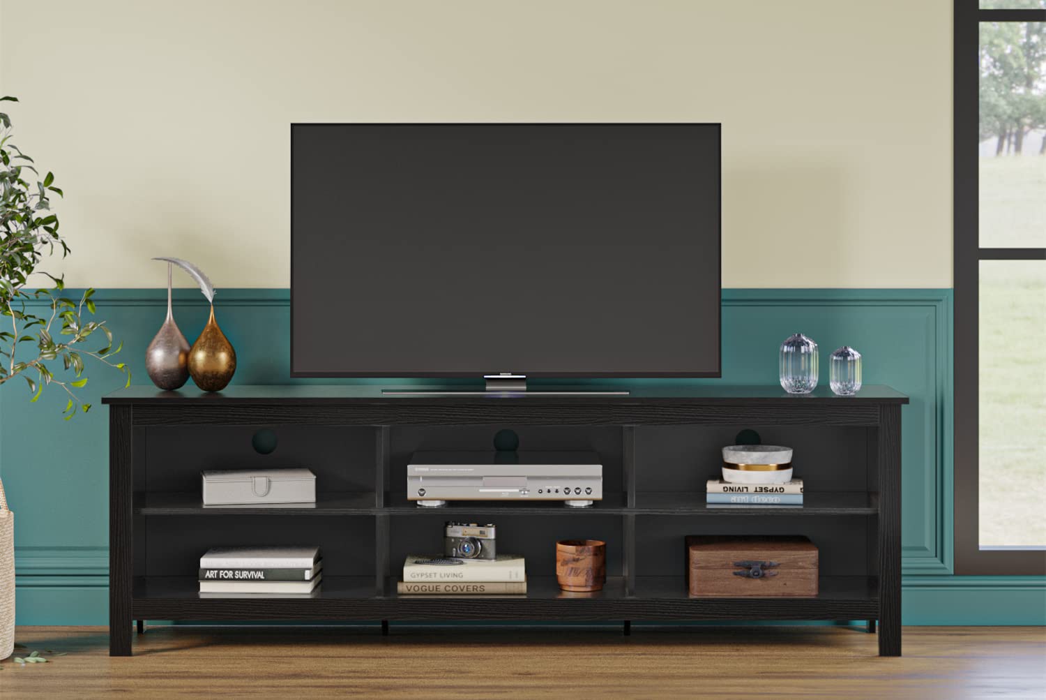 Panana 6-Cubby TV Stand for 80 Inch TVs - Black Media Storage Cabinet with Open Shelves - Perfect for Living Room, Bedroom & Home Theater Setup