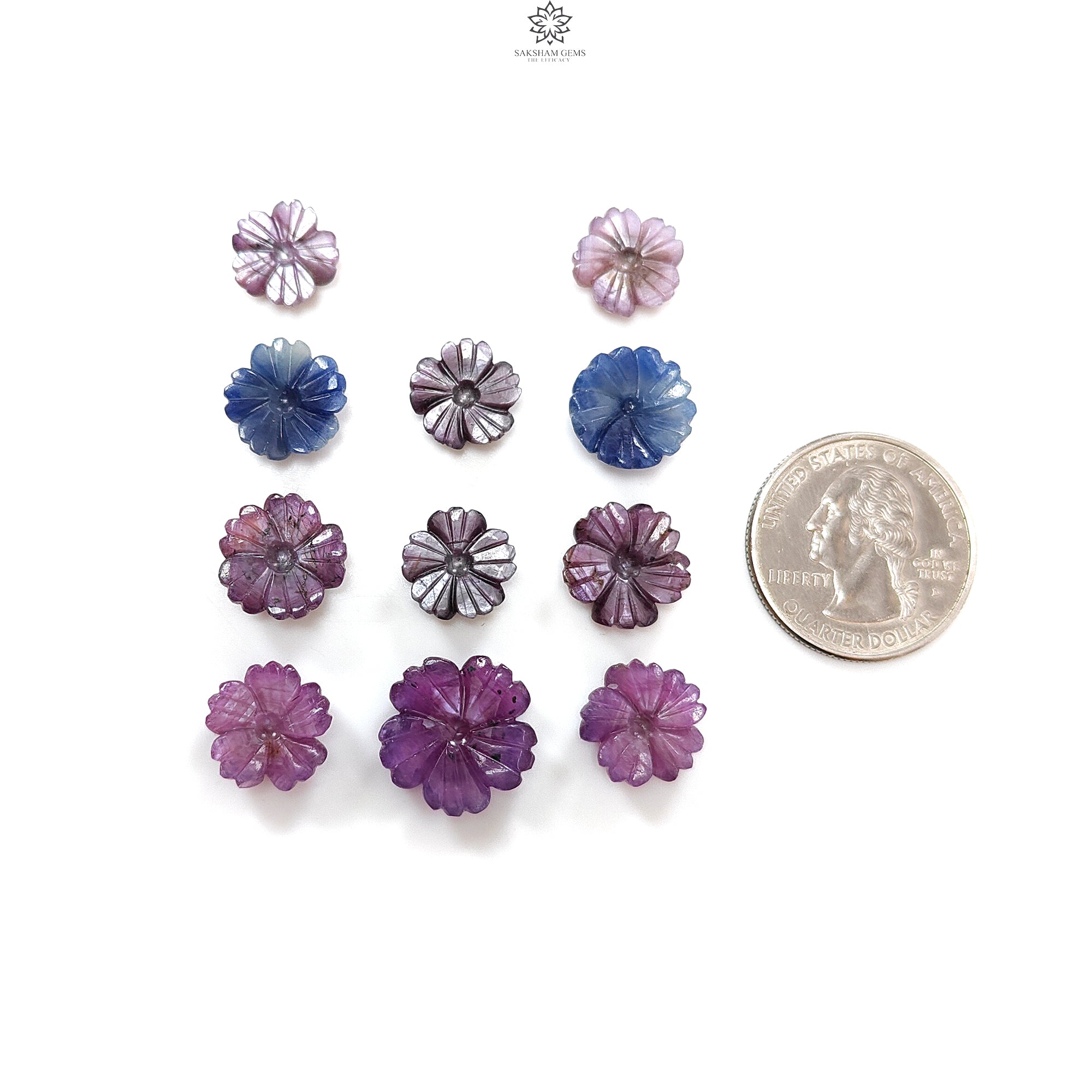 Natural Untreated Multi Sapphire Gemstone Carving - Hand Carved Sheen Sapphire Flower Set (11mm & 16mm) | Perfect for Jewelry Making, DIY Crafts & Spiritual Healing