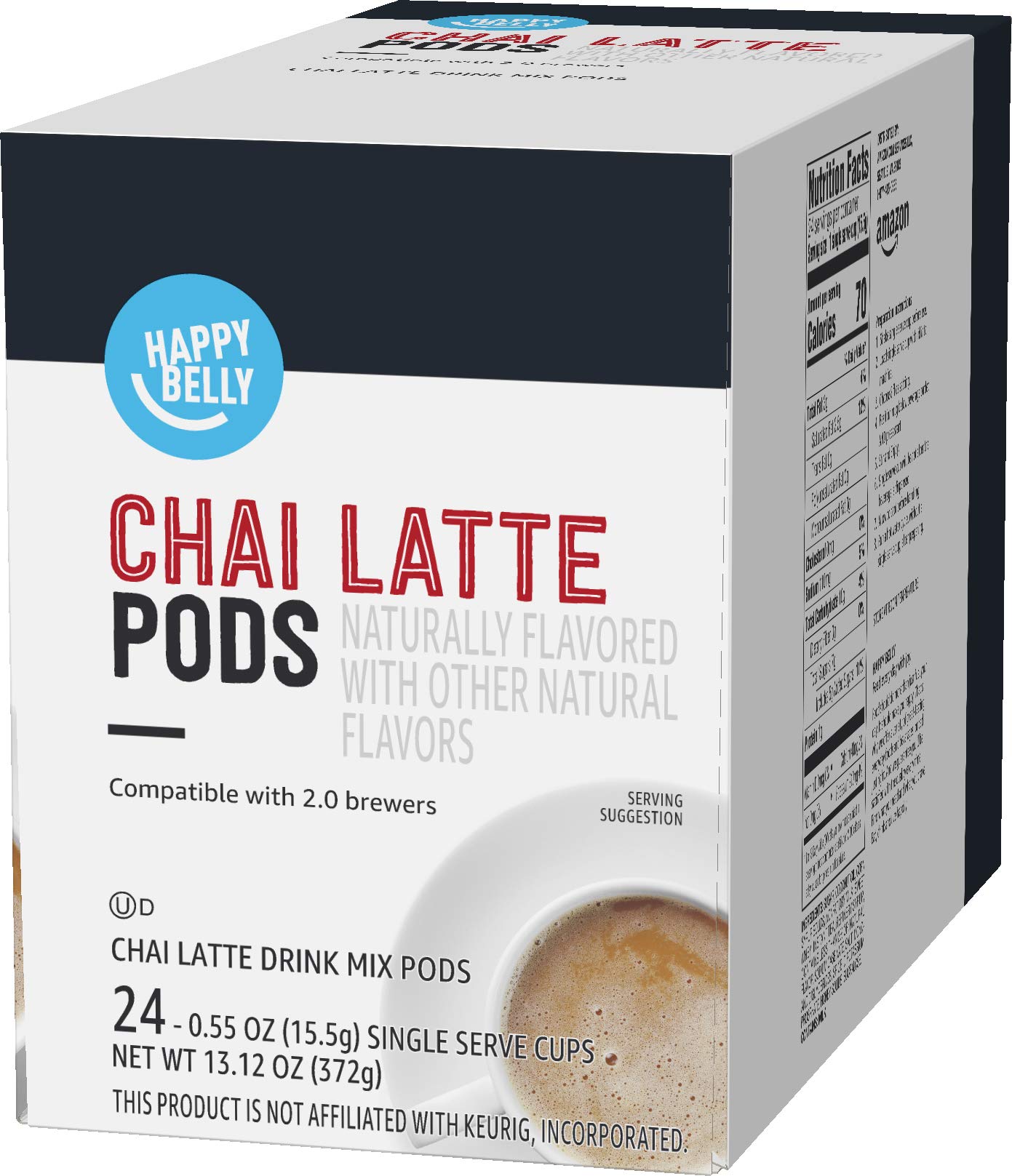 Happy Belly Chai Latte Tea Pods - 24 Count, Compatible with Keurig 2.0 K-Cup Brewers | Single Pack | Perfect for Morning Energy & Afternoon Relaxation at Home or Office