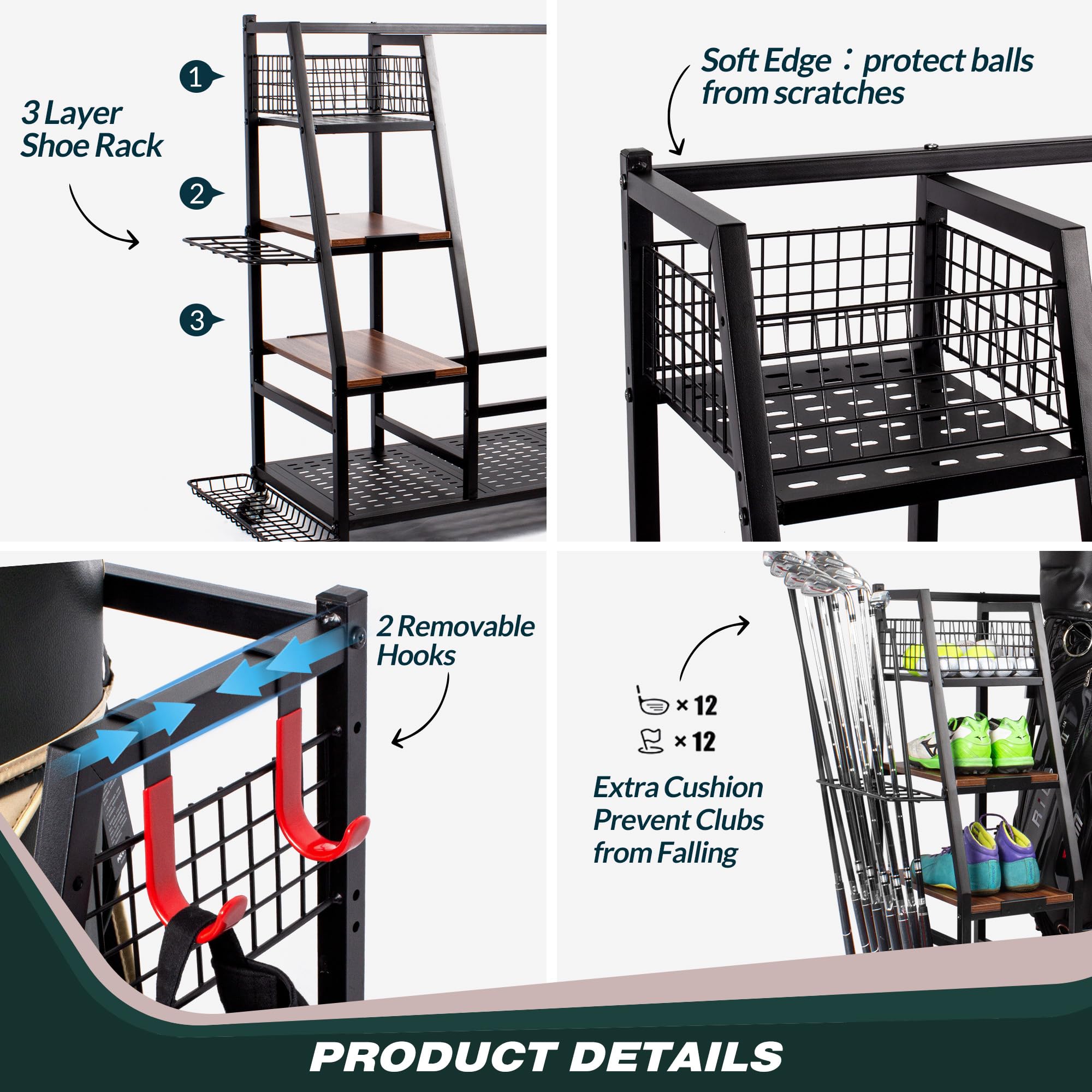 Sttoraboks 2/3 Golf Bag Storage Organizer - Heavy Duty Golf Bag Rack with Wooden Shelf & Lockable Wheels - Holds Golf Bags & Equipment Accessories - Perfect for Garage, Indoor, Basement & Golf Club Storage