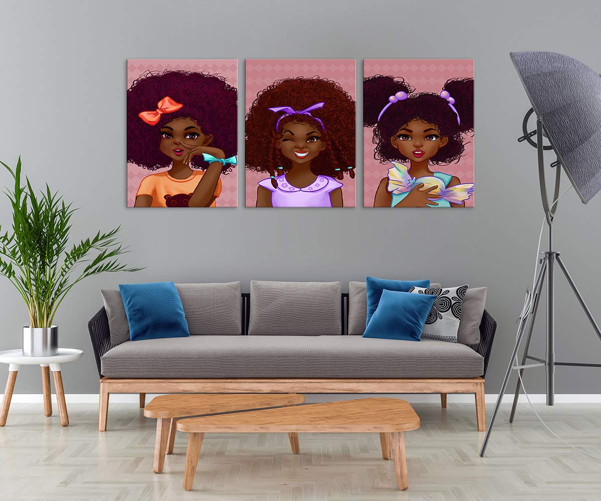 African American Girl Wall Art - 3 Panels Black Curly Hair Painting Print, Framed Ready to Hang Wall Decor for Bedroom, Living Room & Office - Perfect Hippie Style Gift for Women & Girls