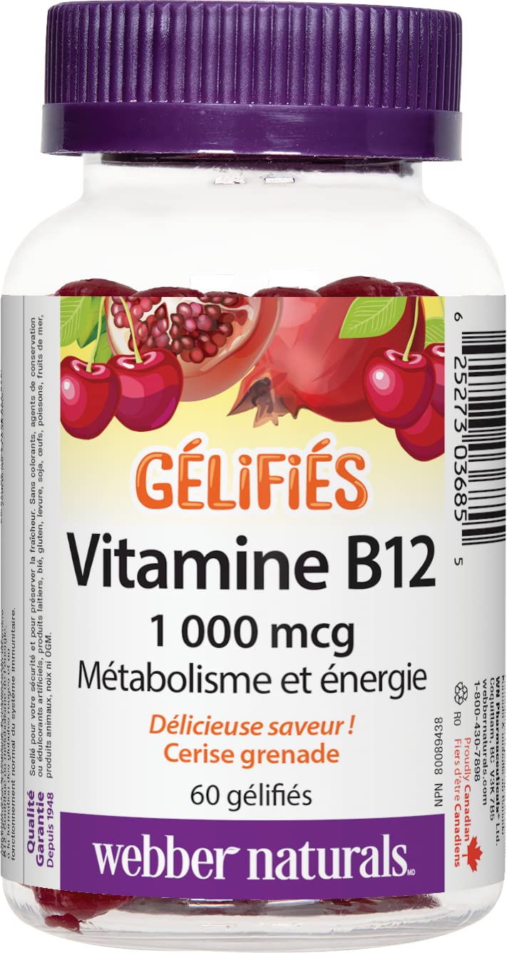 Webber Naturals Vitamin B12 Gummies 1000 mcg - Cherry Pomegranate Flavor, 60 Count | Energy & Immune Support Supplement for Adults | Perfect for Busy Lifestyles & Vegan Diets