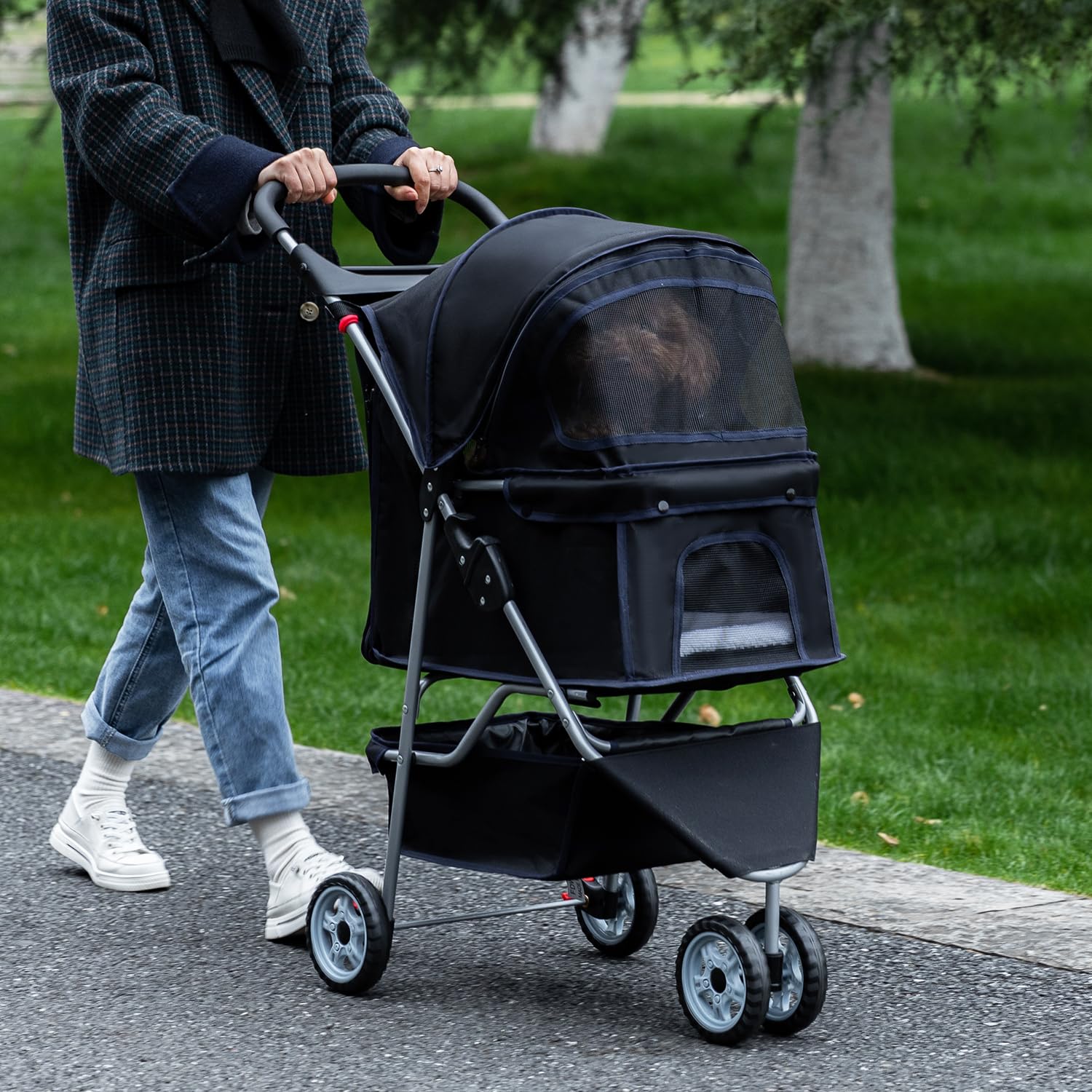 Furniture of America Buddy 3-Wheel Waterproof Folding Pet Stroller with Cup Holder & Mesh Window - Lightweight Travel Carrier for Dogs & Cats - Perfect for Park Walks, Shopping Trips & Outdoor Adventures (Black)