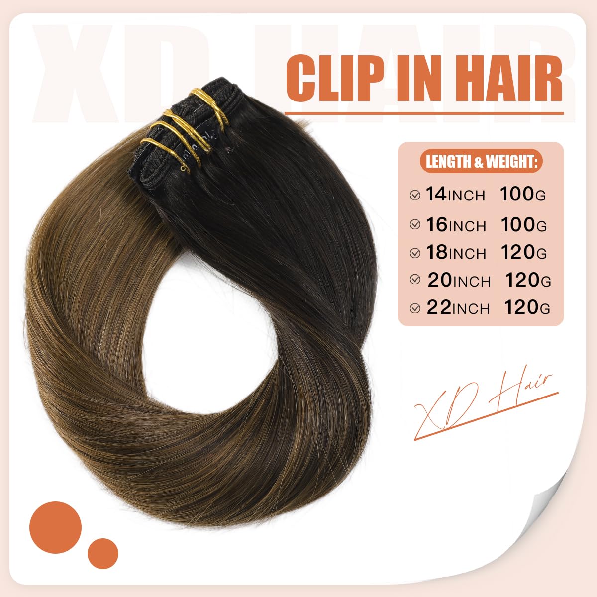 XD Clip in Hair Extensions 18 Inch - 120g 6Pcs Real Human Hair Ombre (Natural Black to Medium Brown) with Soft Thick Ends | Perfect for Volume, Length & Styling for Parties, Weddings & Daily Wear