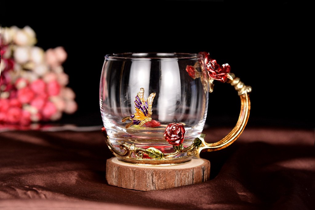 Handmade Butterfly Rose Glass Coffee Mug - 12 oz Tea Cup for Mother's Day, Wedding Anniversary & Birthday Gifts - Perfect for Home, Office & Cafe Use (Rose Design)